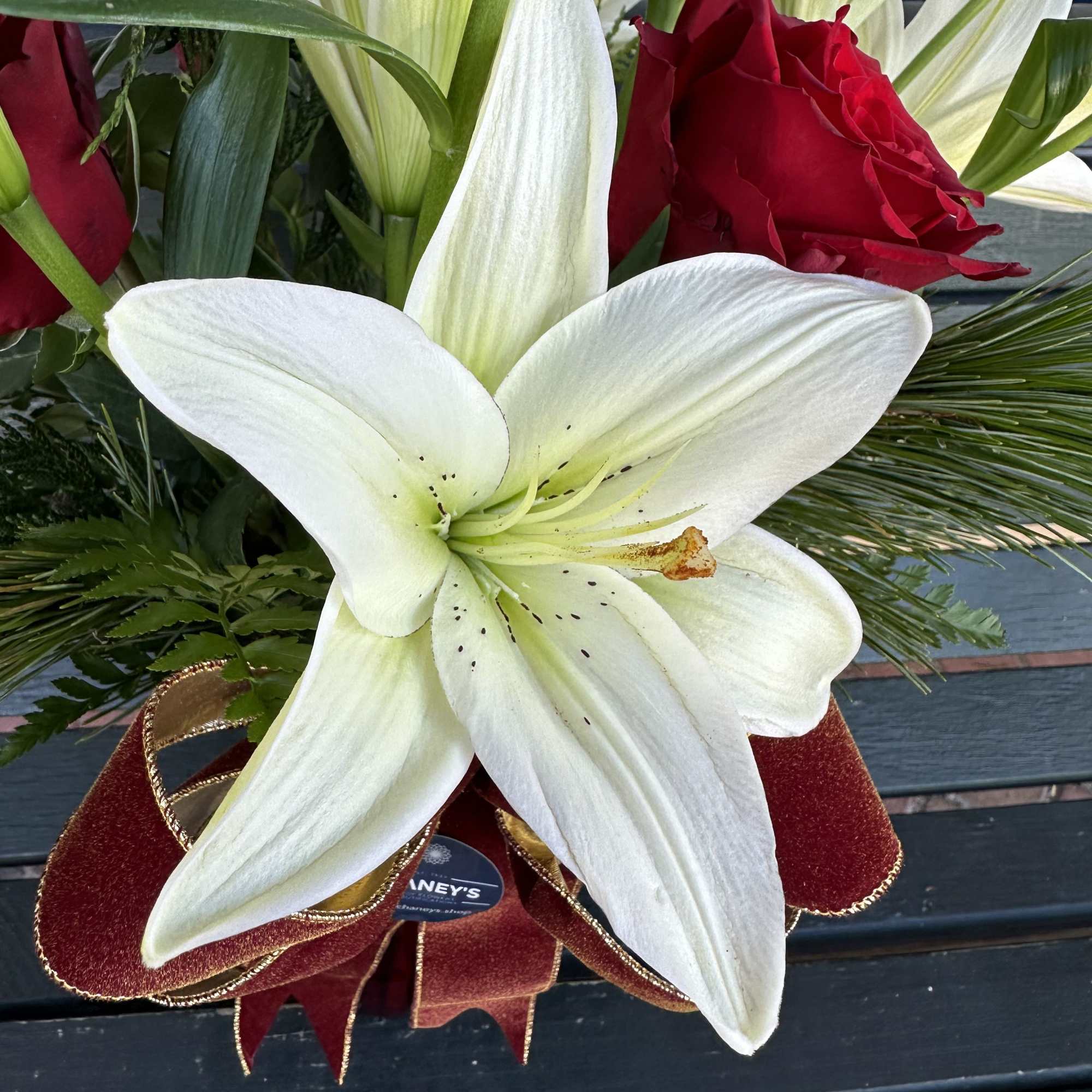 Seasonal designed arrangement in a vase with fresh assorted christmas greens, fresh