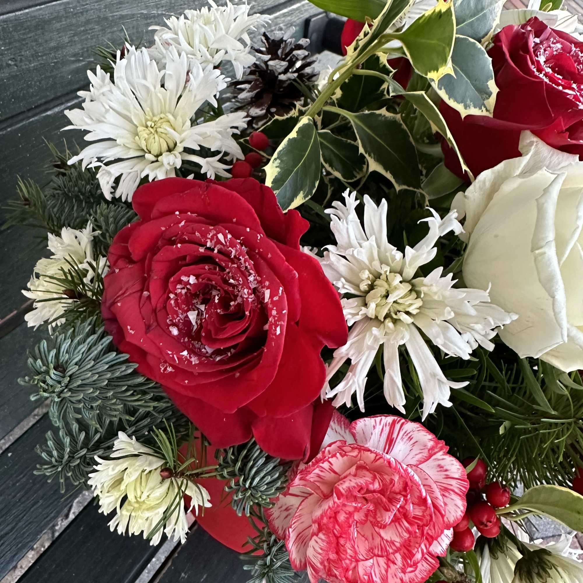 Beautiful Centerpiece in a solid metal container. 