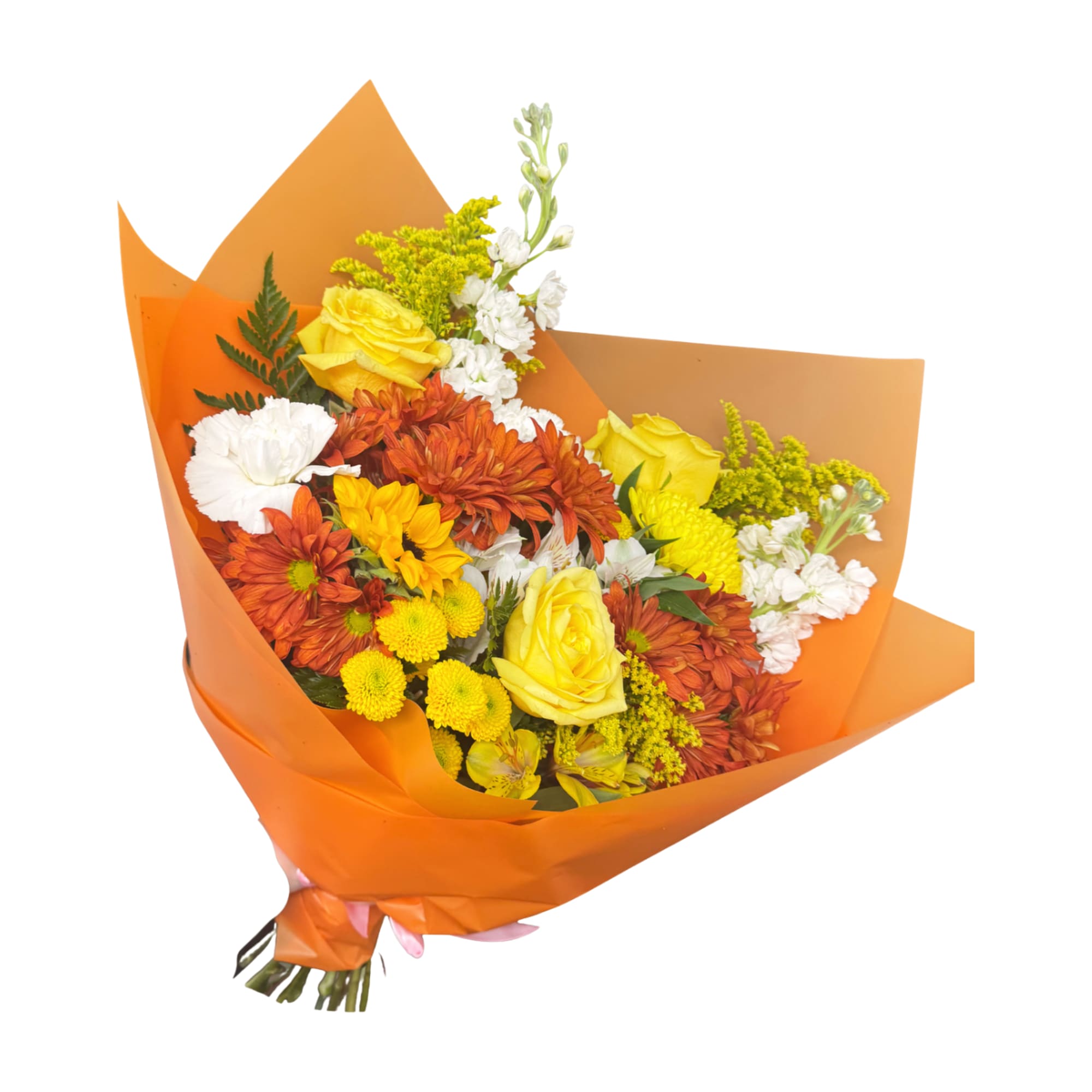 A warm and vibrant bouquet inspired by autumn sunsets. Featuring yellow roses