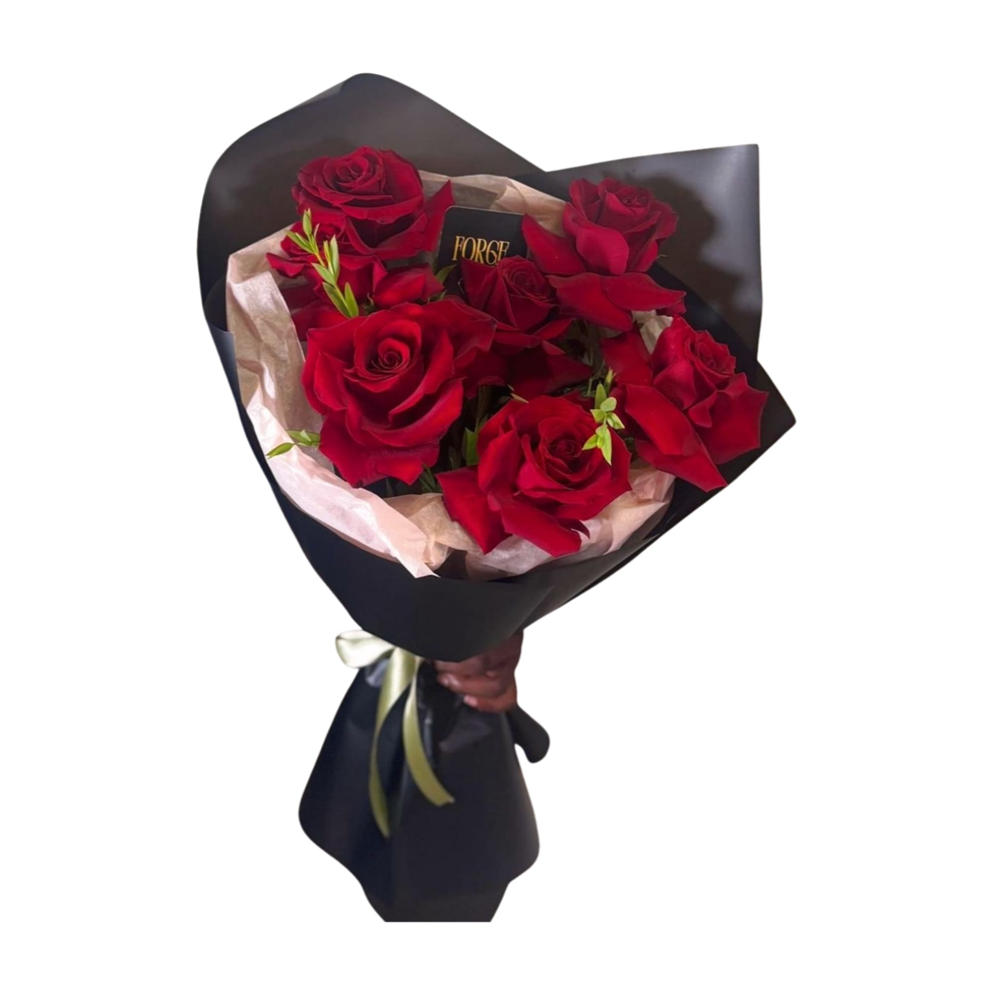 A bouquet of deep red French roses with fresh greenery. Chic, strong
