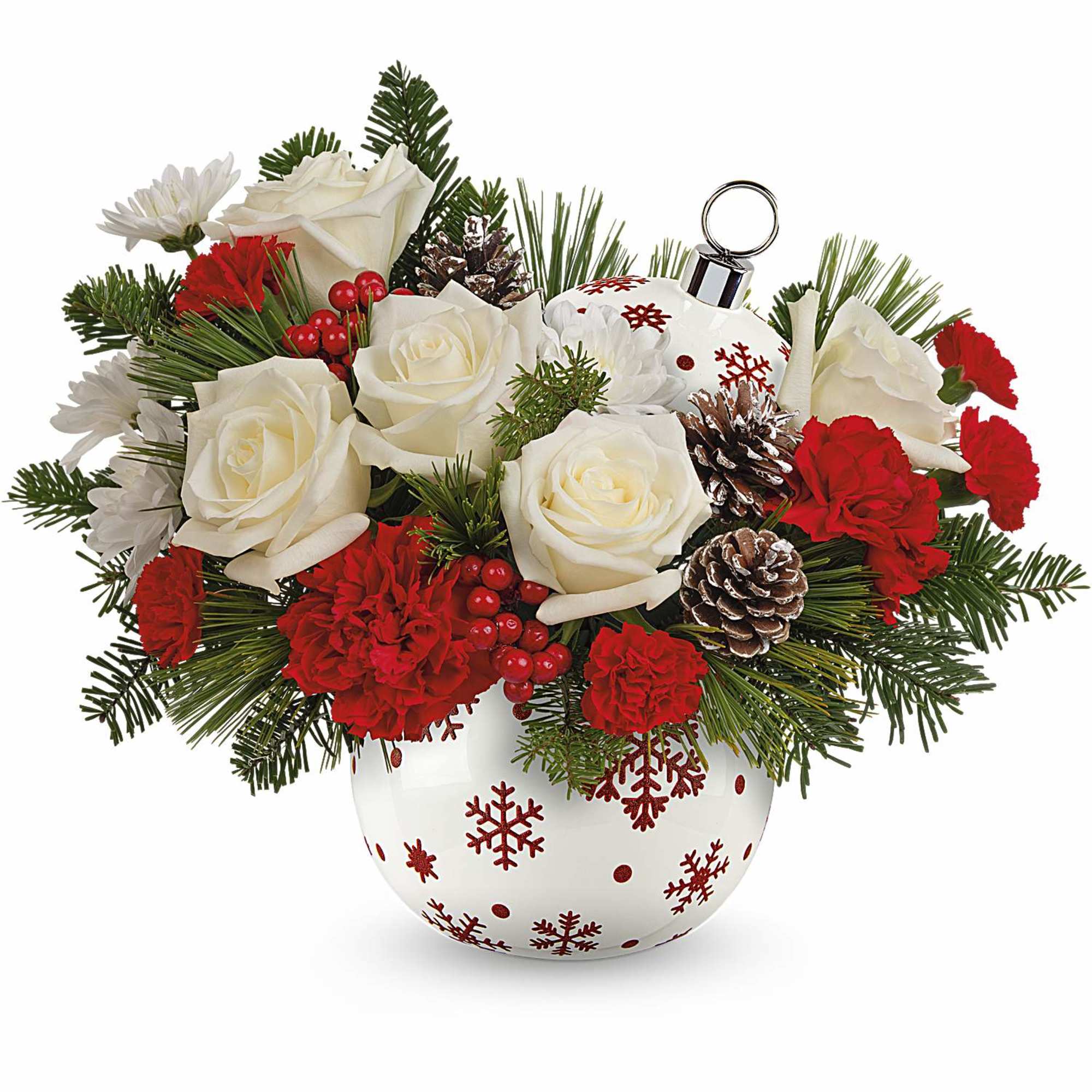 Illuminate the season with this vibrant Christmas bouquet, housed in a festive
