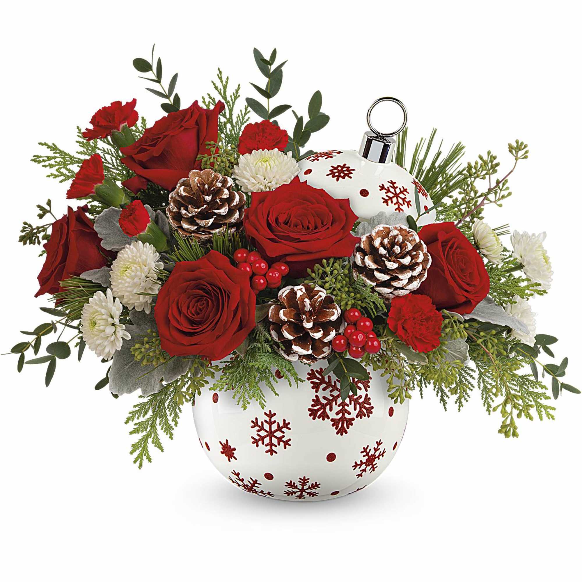 Brighten your Christmas with a bouquet of vibrant red roses and winter Brighten your Christmas with a bouquet of vibrant red roses and winter