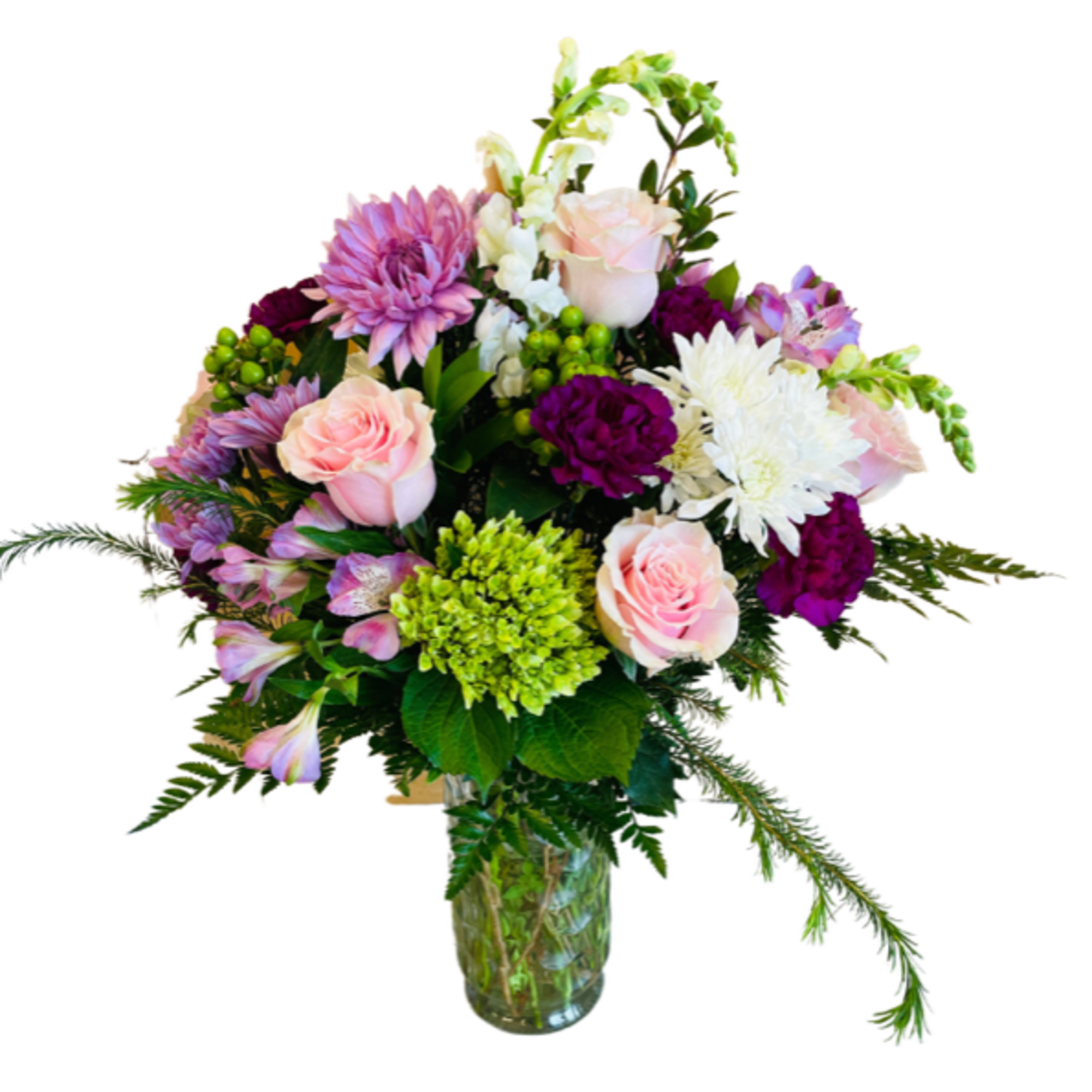 A selection of purples and pinks with a pop of green. This