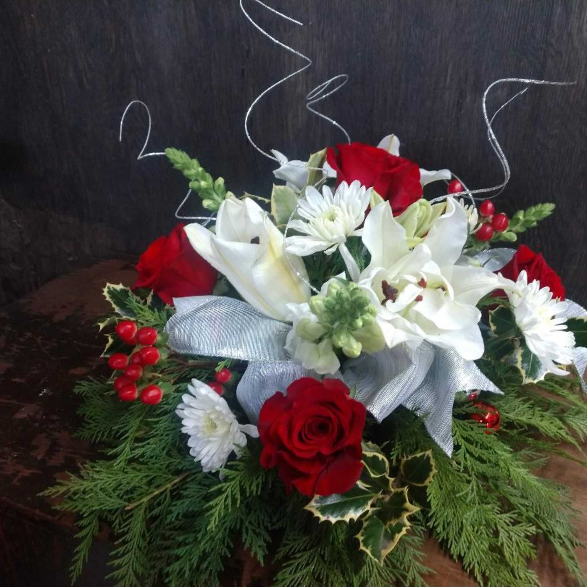 Low holiday arrangement, Trim can be the color that you choose. 