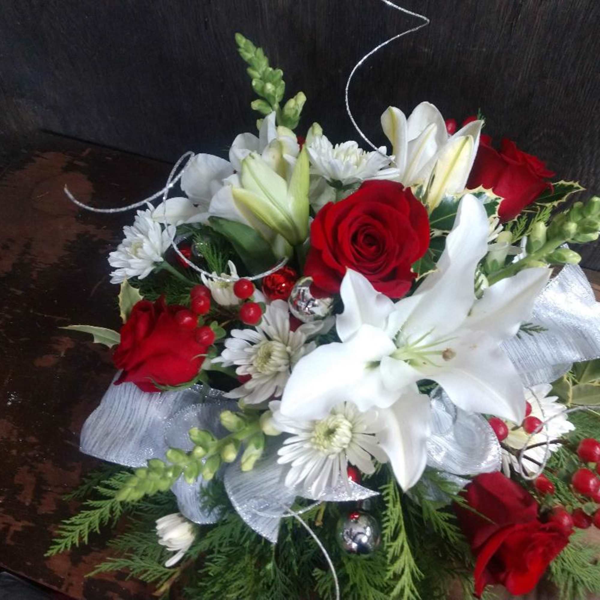 Low holiday arrangement, Trim can be the color that you choose. 