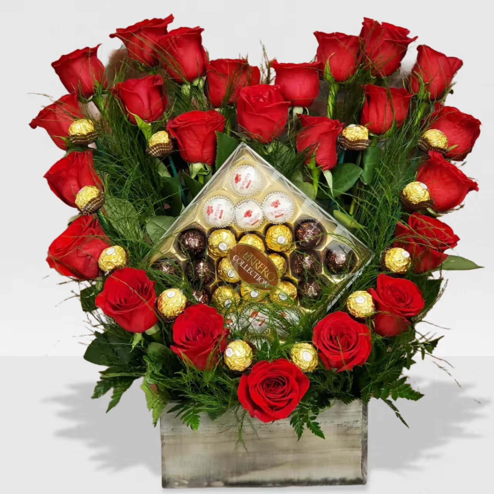 24 Red roses with a box of chocolate in a wood box.