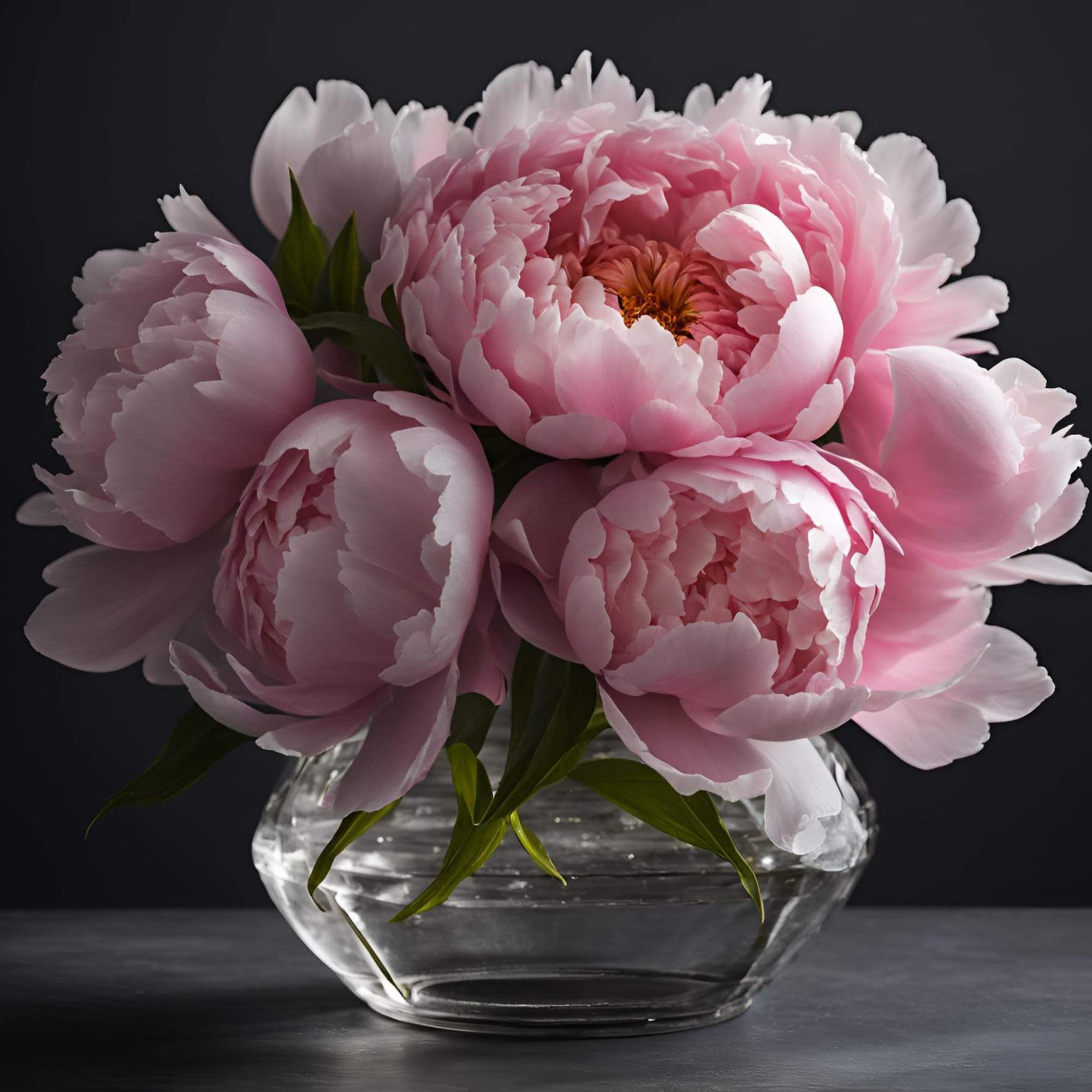 Gorgeous peonies in a glass vase. Peonies are the most luxurious flower.