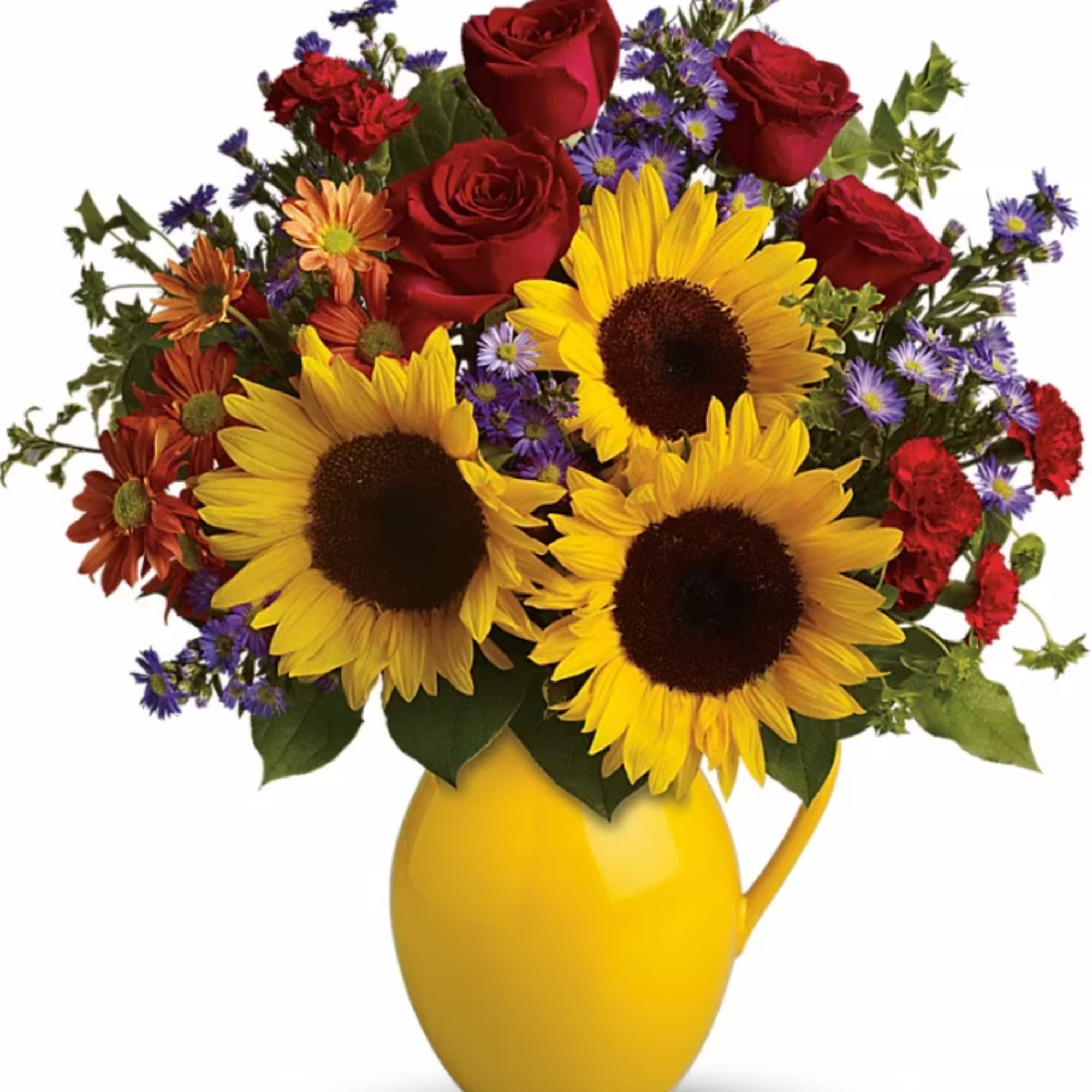 Sunny sunflowers, red roses and miniature carnations, bronze daisy spray chrysanthemums, large Sunny sunflowers, red roses and miniature carnations, bronze daisy spray chrysanthemums, large