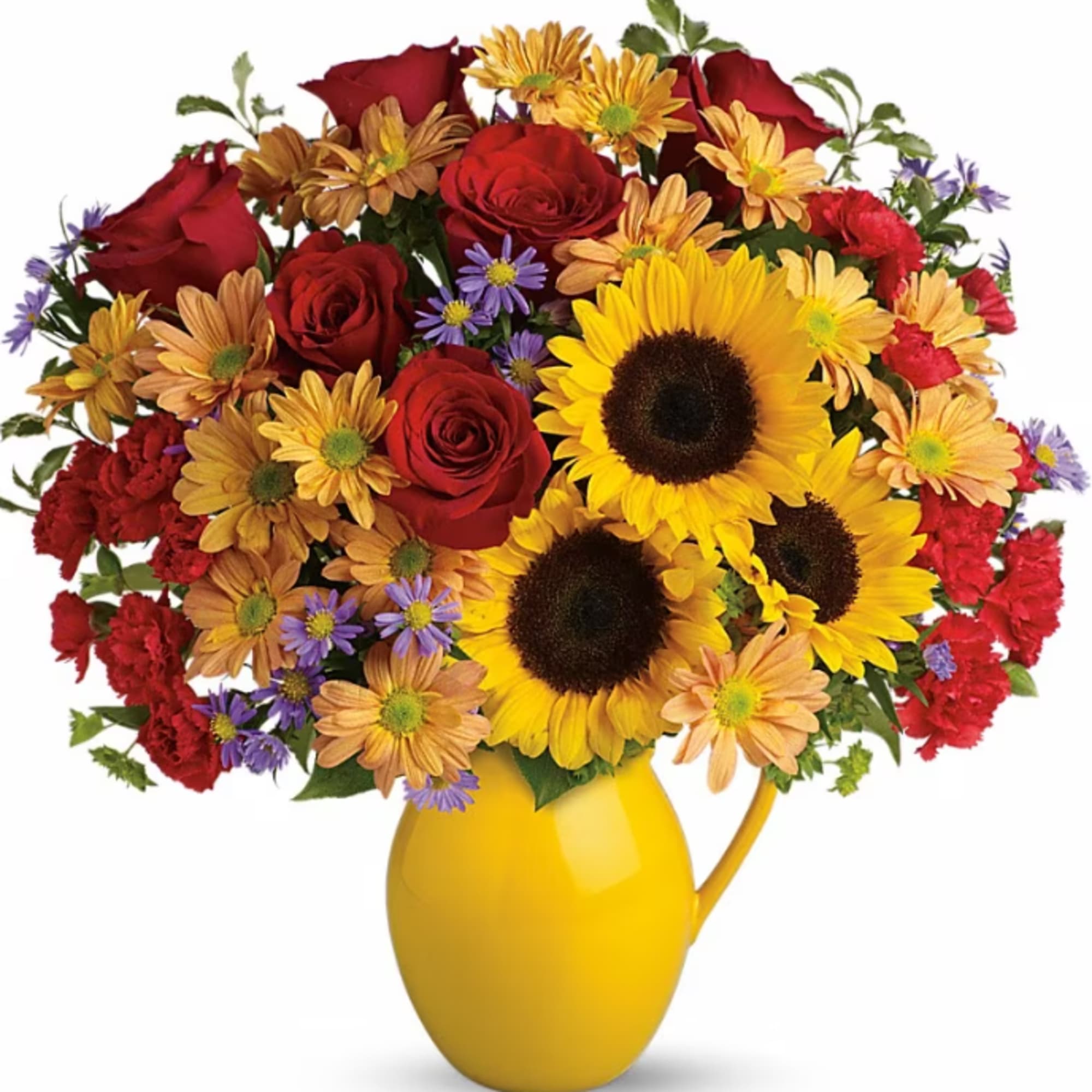 Sunny sunflowers, red roses and miniature carnations, bronze daisy spray chrysanthemums, large Sunny sunflowers, red roses and miniature carnations, bronze daisy spray chrysanthemums, large