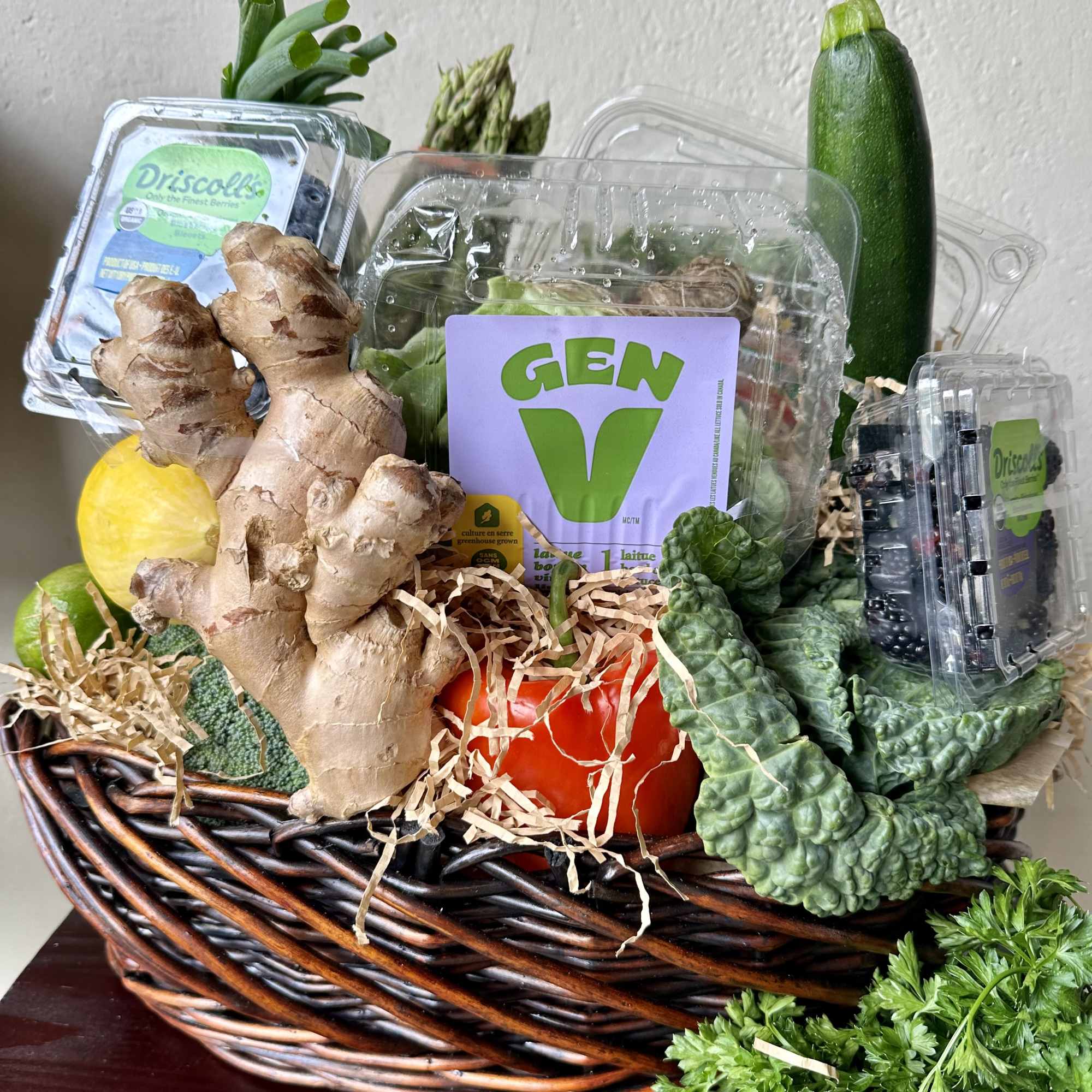 A wonderful assortment of root and leaf vegetables with fresh fruit accompaniments.