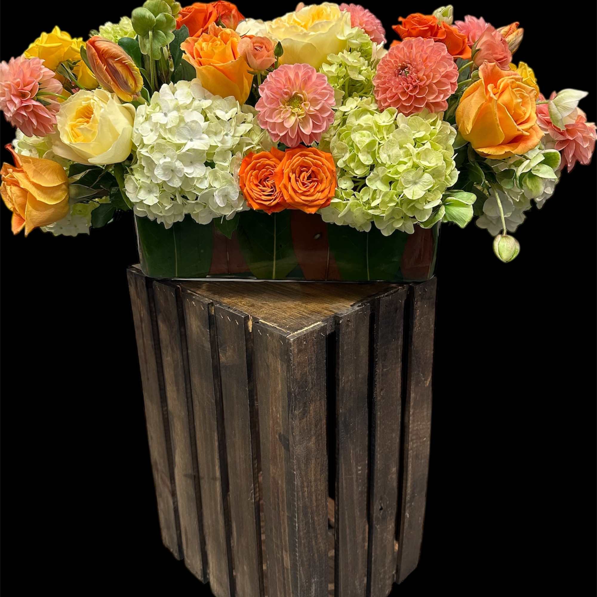an extremely exotic touch, with GARDEN ROSE, with DAHLIAS, and orange tulips
