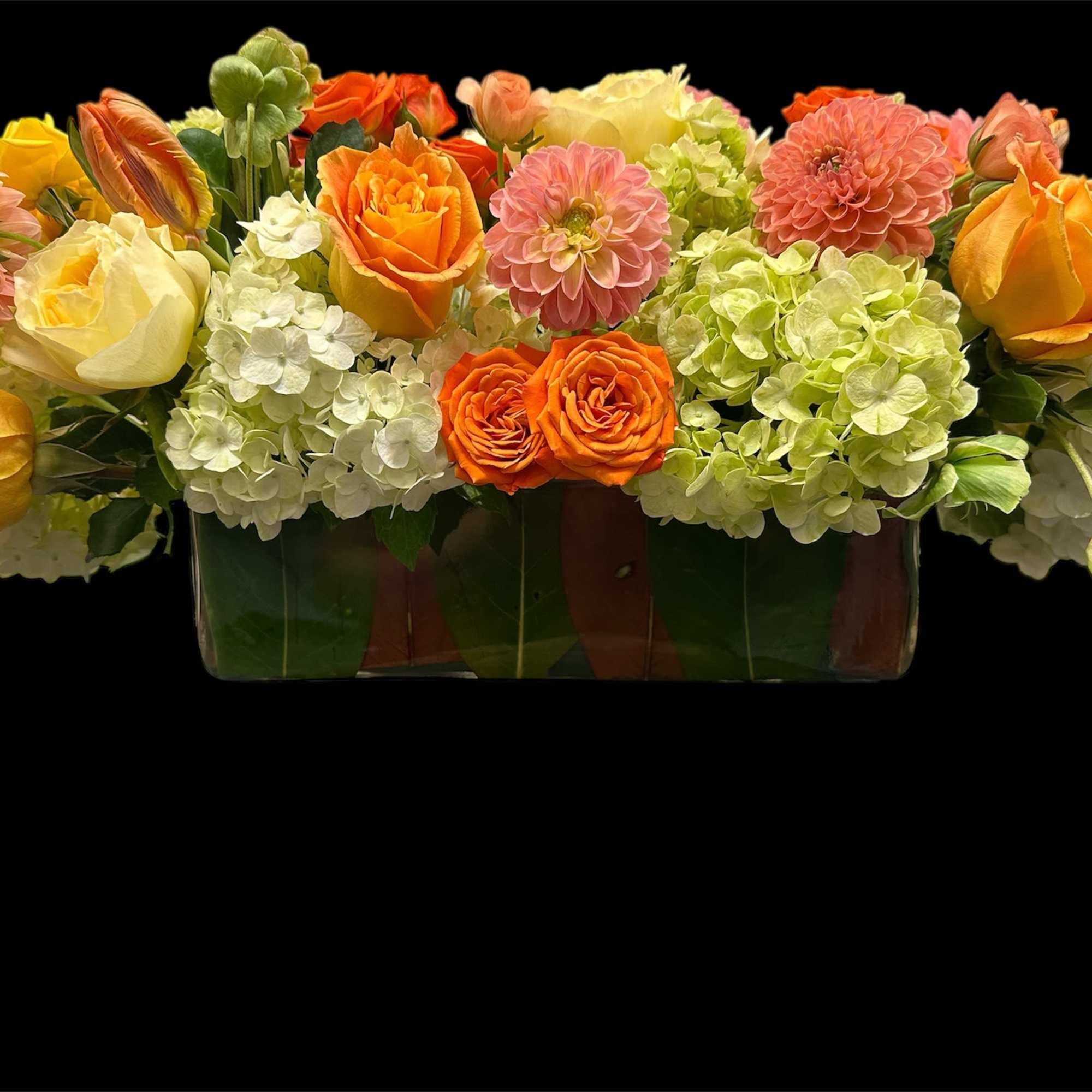 an extremely exotic touch, with GARDEN ROSE, with DAHLIAS, and orange tulips