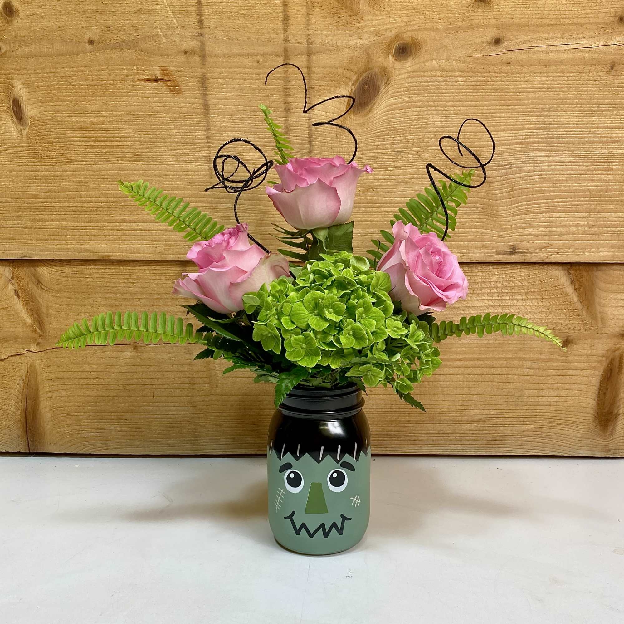 A playful nod to the classic monster, this Frankenstein’s Monster mason jar A playful nod to the classic monster, this Frankenstein’s Monster mason jar