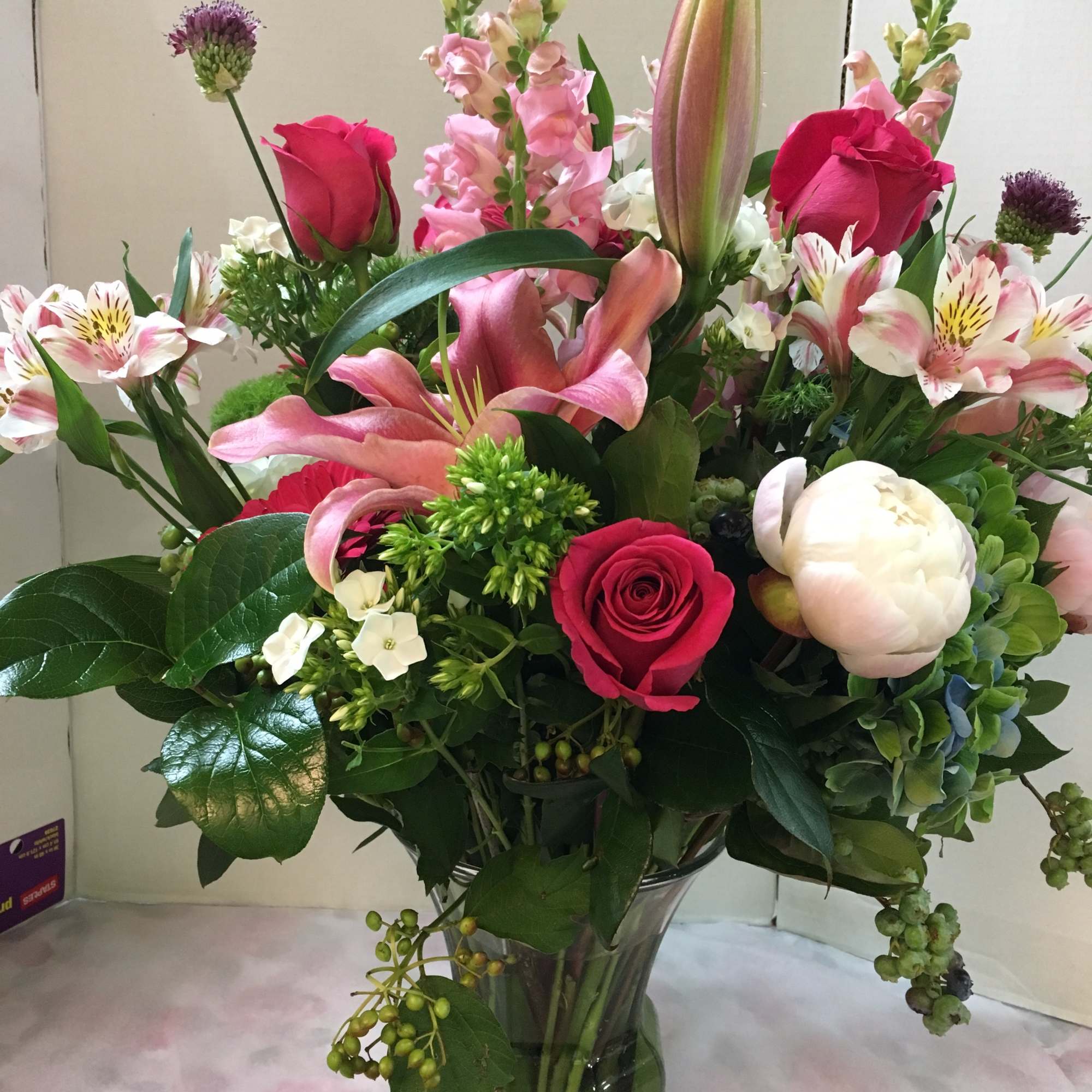 Roses, Hybrid Lilies,  Gerbera Daisies,  Alstro-meria,  Hydrangea, Light Pink