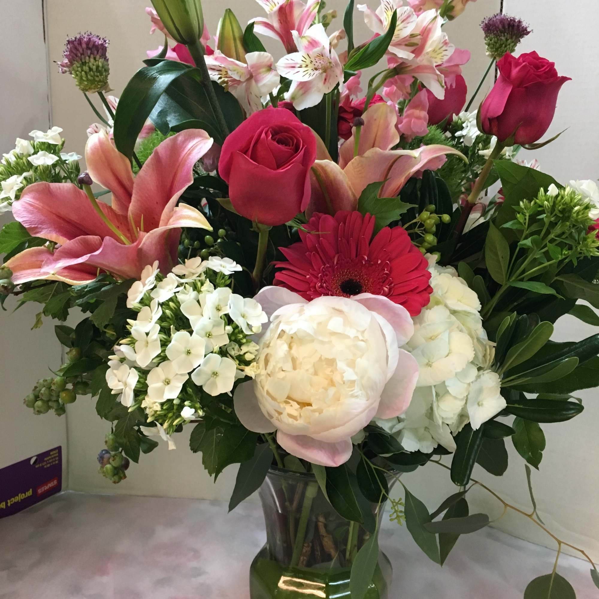 Roses, Hybrid Lilies,  Gerbera Daisies,  Alstro-meria,  Hydrangea, Light Pink