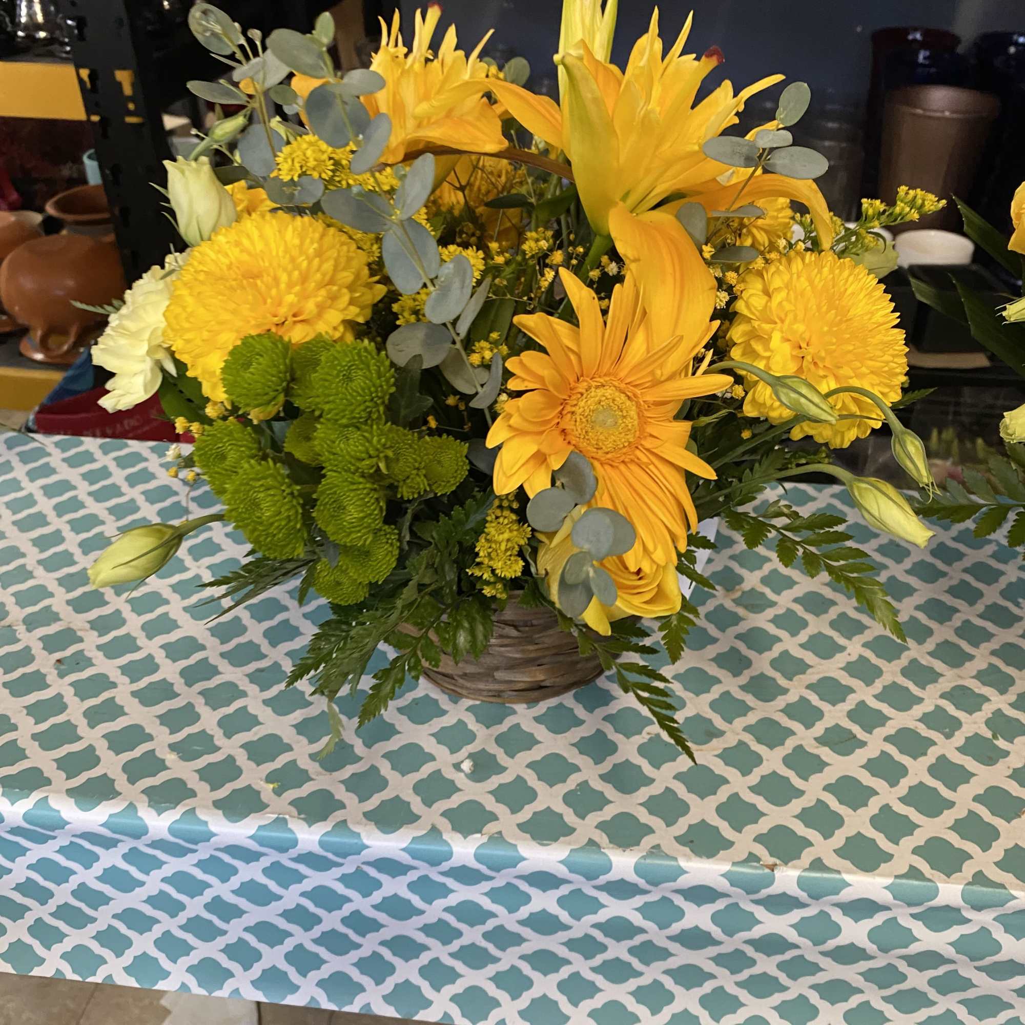 Small yellow basket of mixed flowers