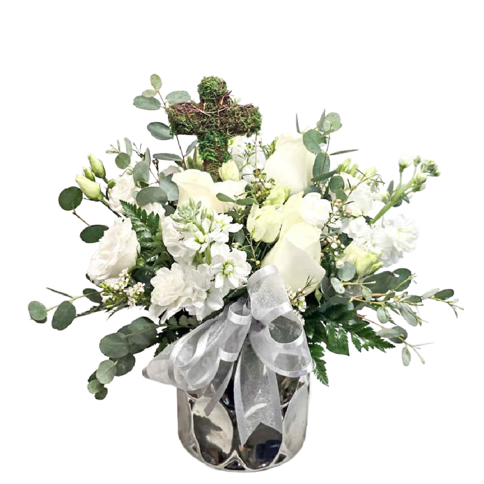 Faith is an all white arrangement full of white blooms, eucalyptus and