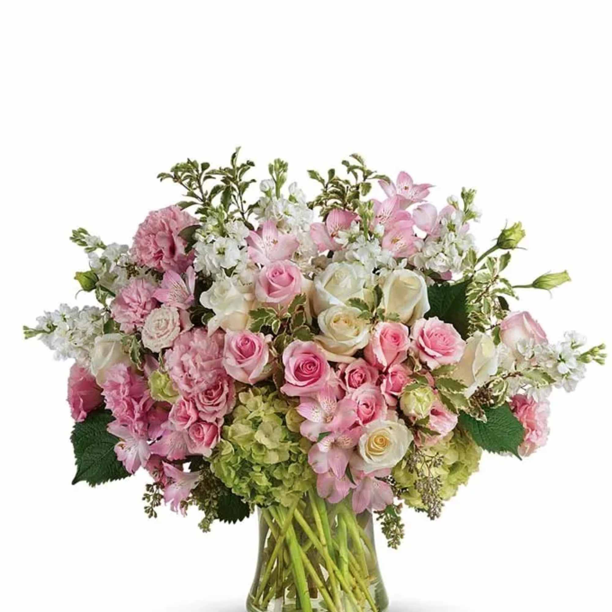 Overflowing with elegance and charm, this lush arrangement of premium roses, hydrangeas