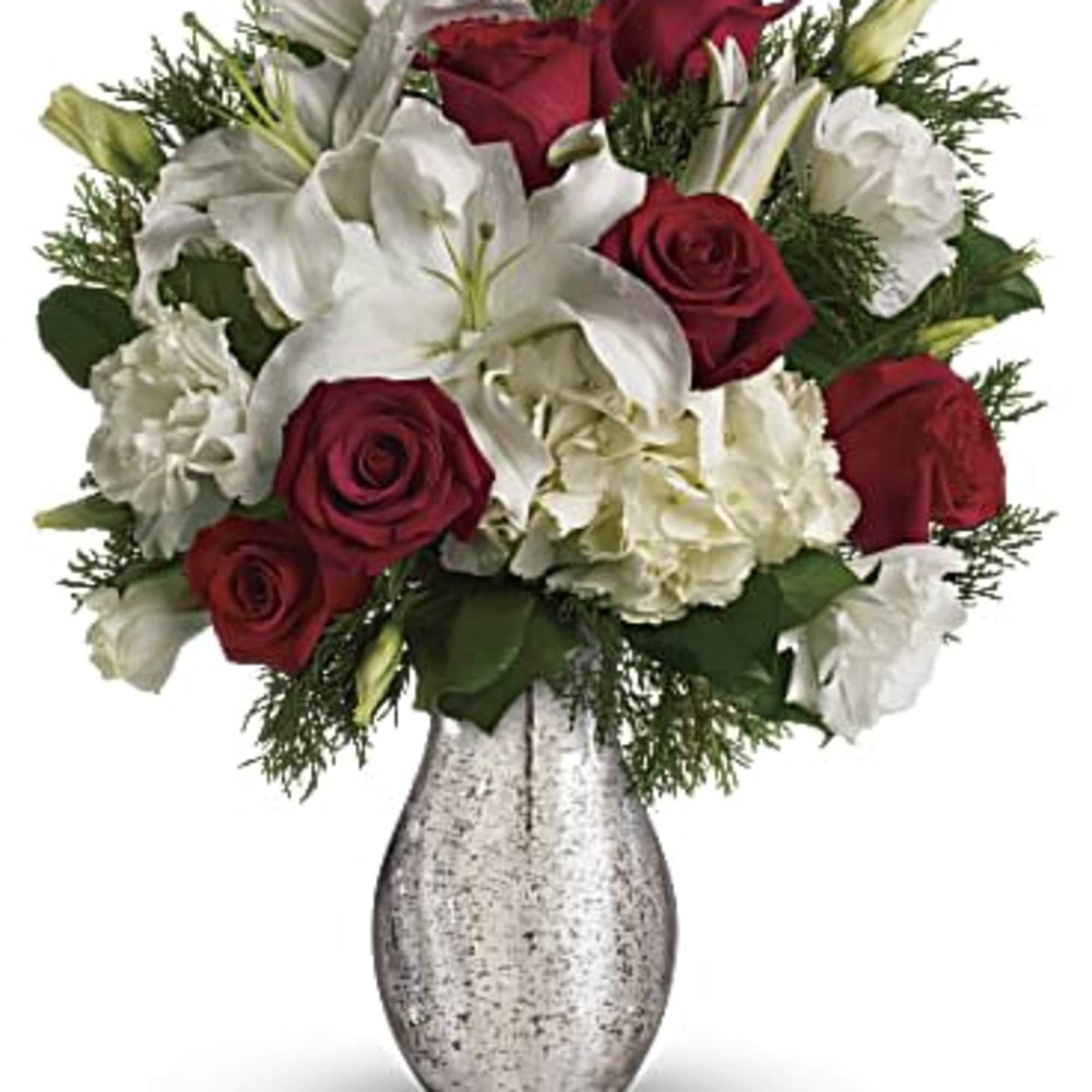 The picture of holiday romance. Wonderful white hydrangea and rich red roses