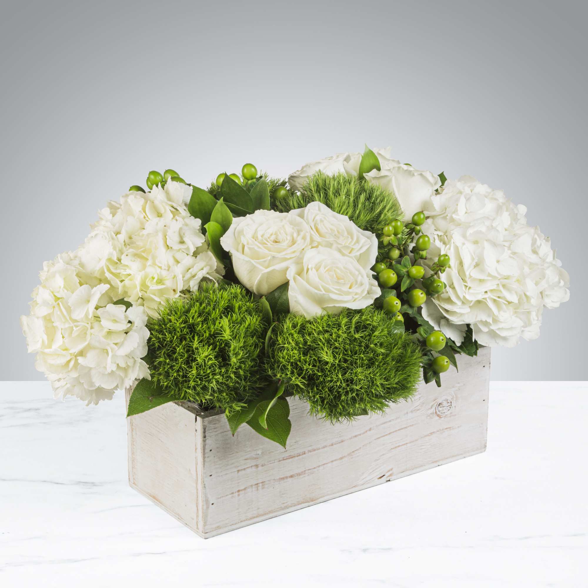 This crisp white and green arrangement includes roses, dianthus, and hydrangeas. The