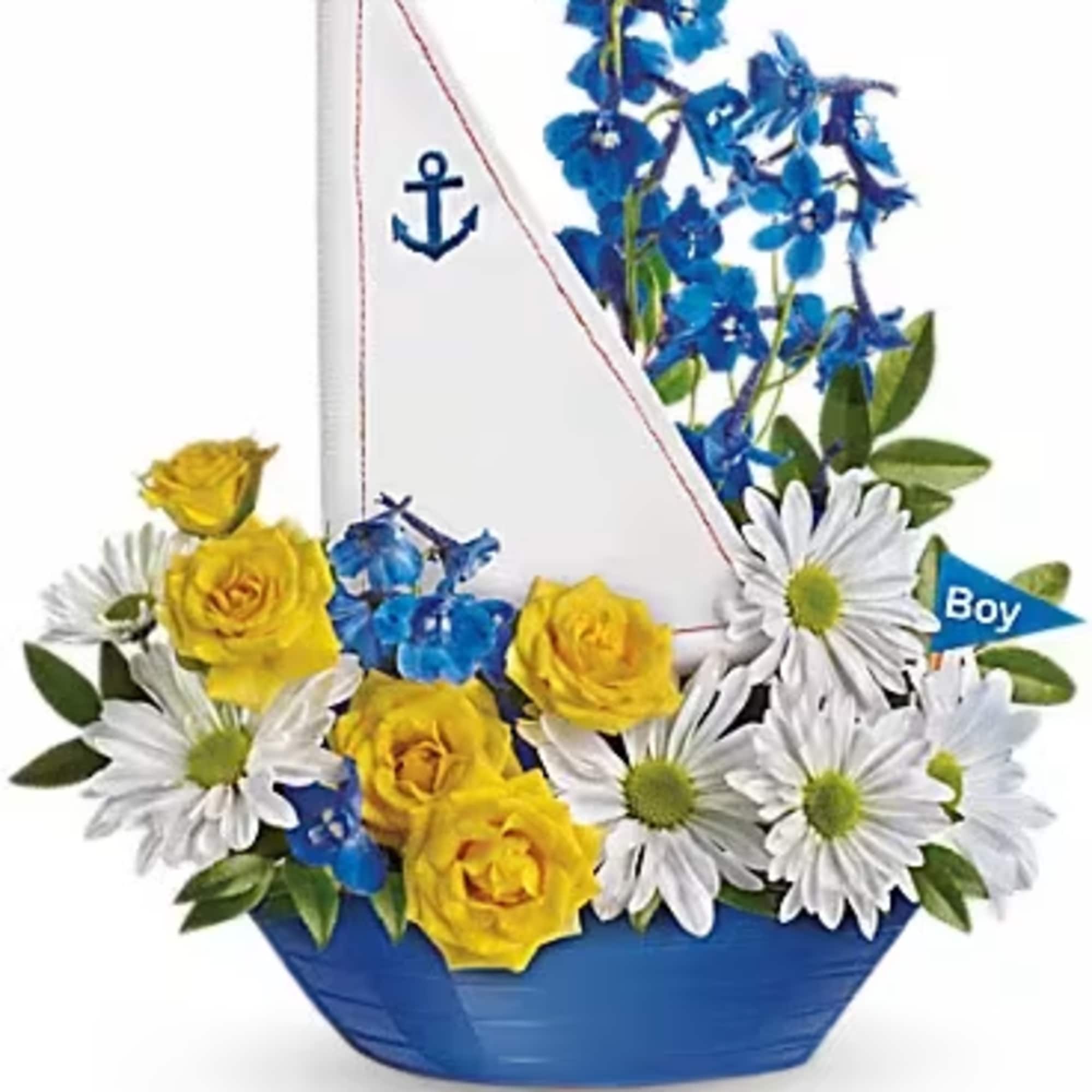 Send new parents this beautifully arranged bouquet in a sweet baby blue