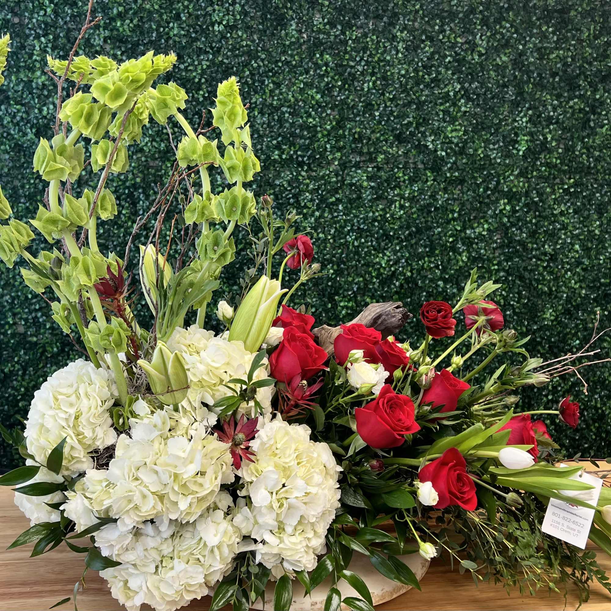 Gorgeous hydrangea, Red Roses, Safari Sunset, Tulips, Ranunculus, Birch branches, Belles of