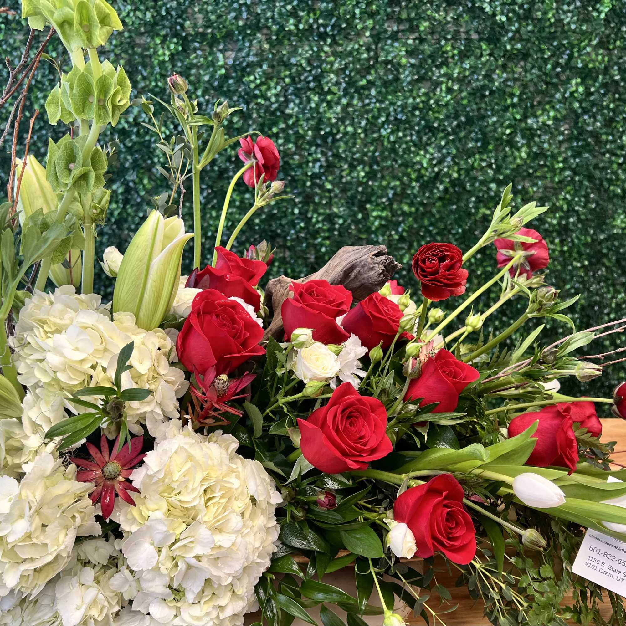 Gorgeous hydrangea, Red Roses, Safari Sunset, Tulips, Ranunculus, Birch branches, Belles of