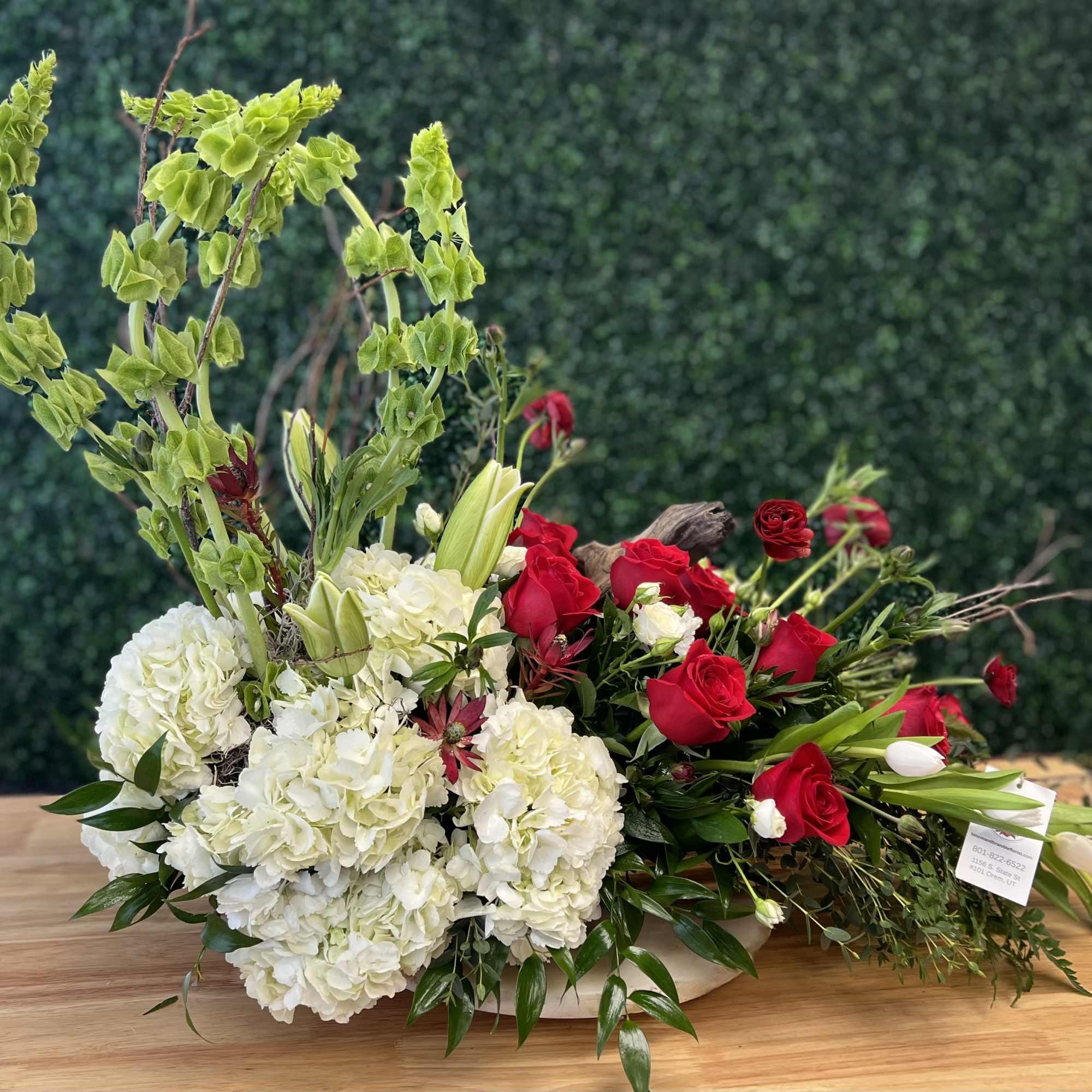 Gorgeous hydrangea, Red Roses, Safari Sunset, Tulips, Ranunculus, Birch branches, Belles of