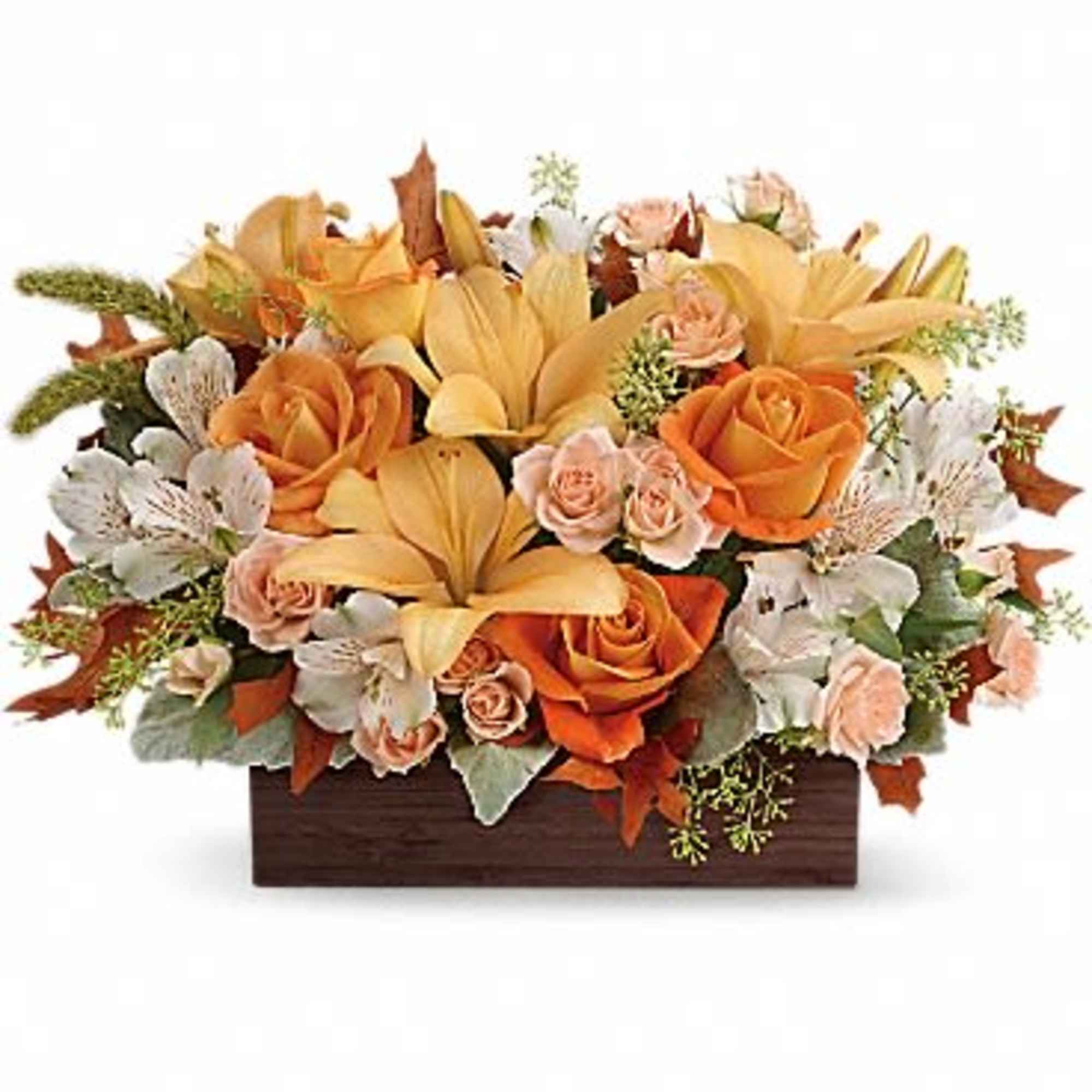 Simply chic and overflowing with fall blooms! This gorgeous arrangement is sure