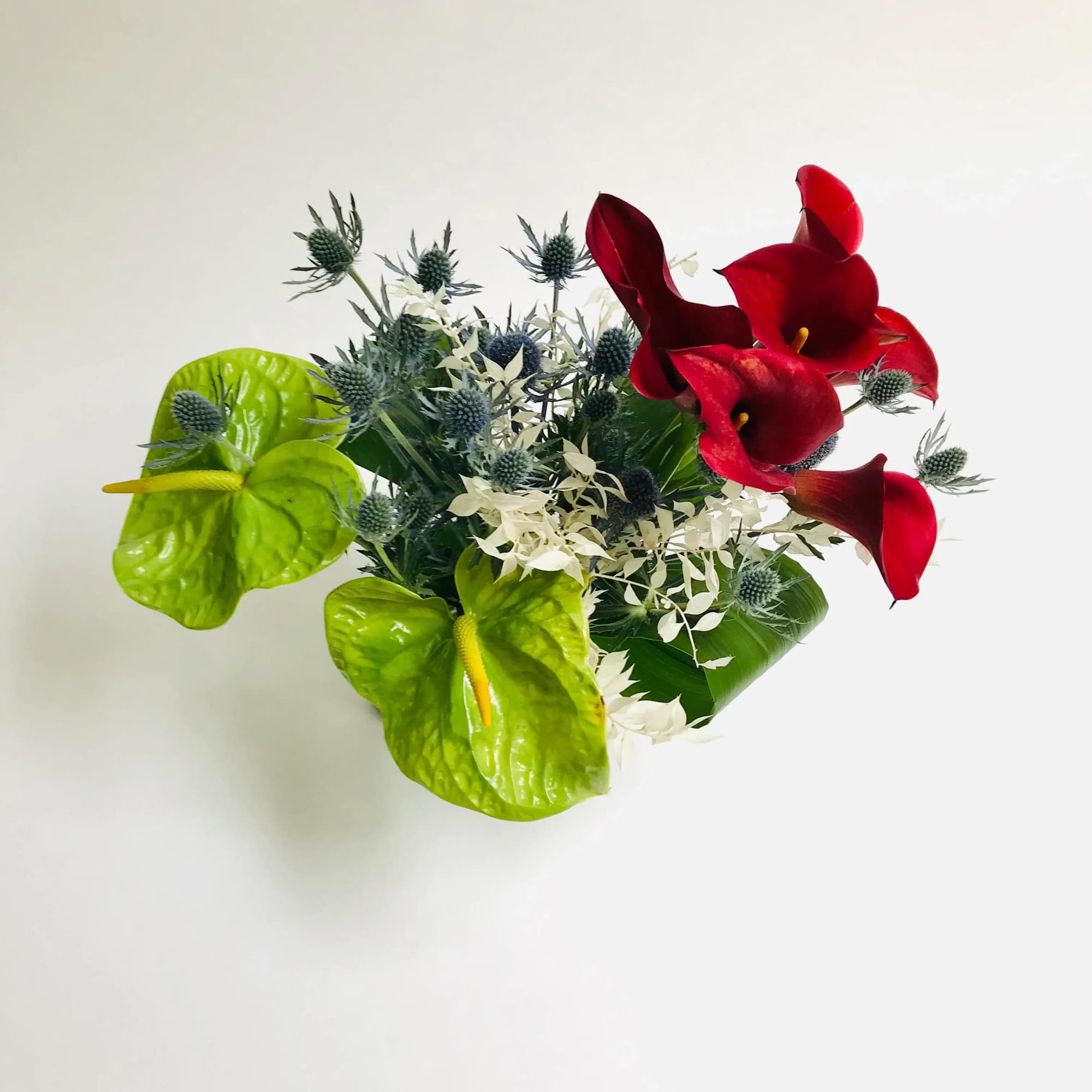Comprised of bright orange red calla lilies, blues thistle and green Anthurium