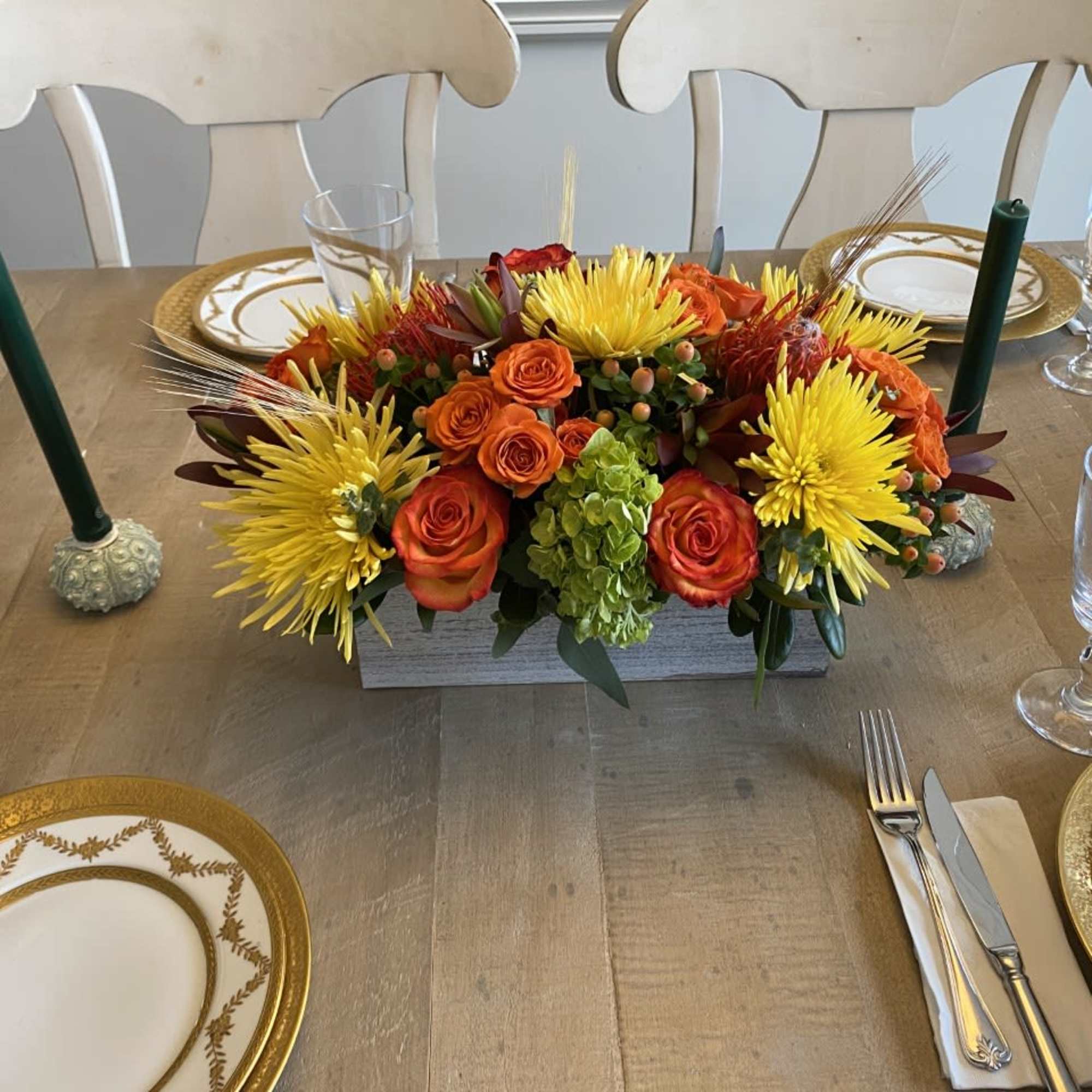 Beautiful table centerpiece, arranged in a  10 inch long rectangular 