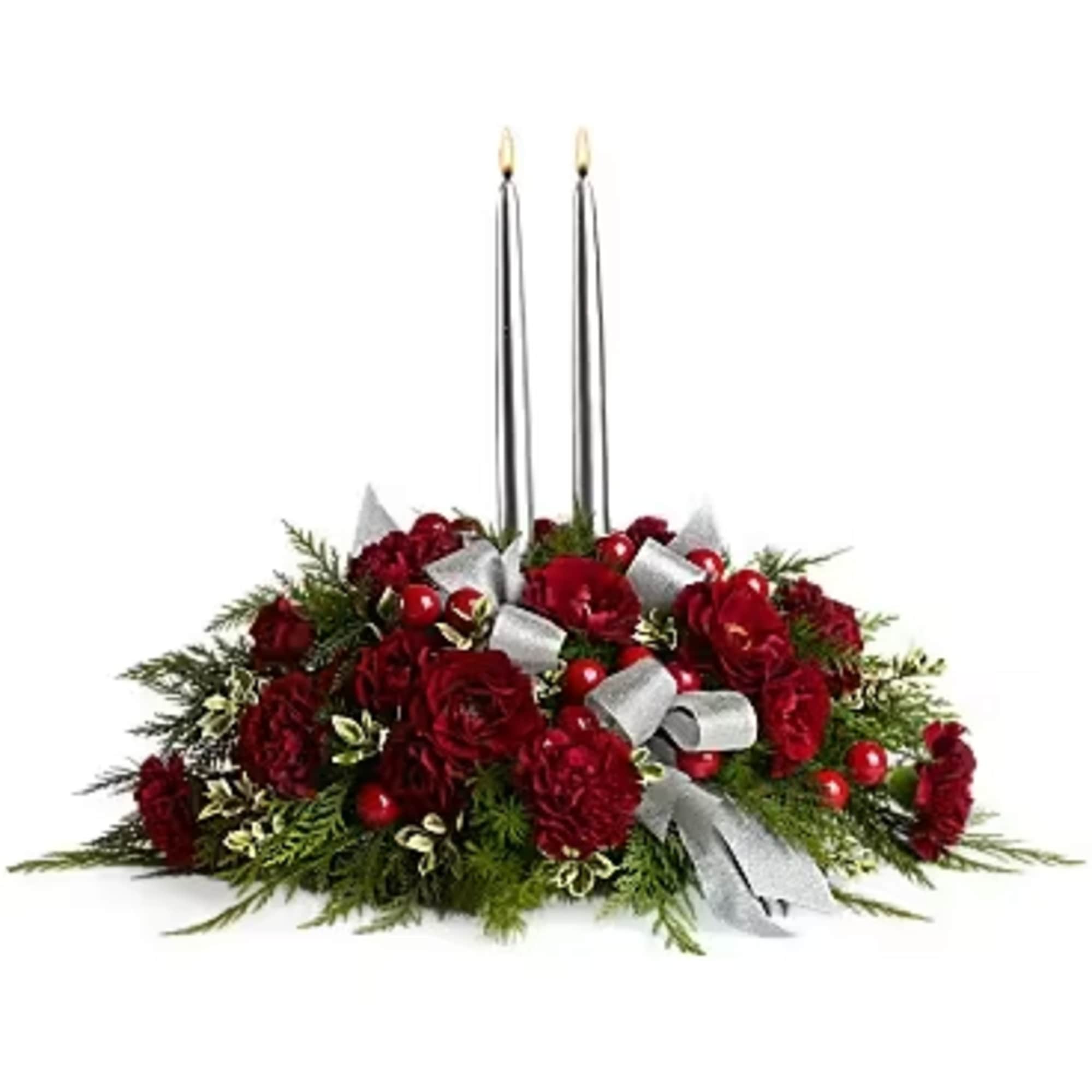 Bring elegance to the holiday table with red roses and maroon carnations
