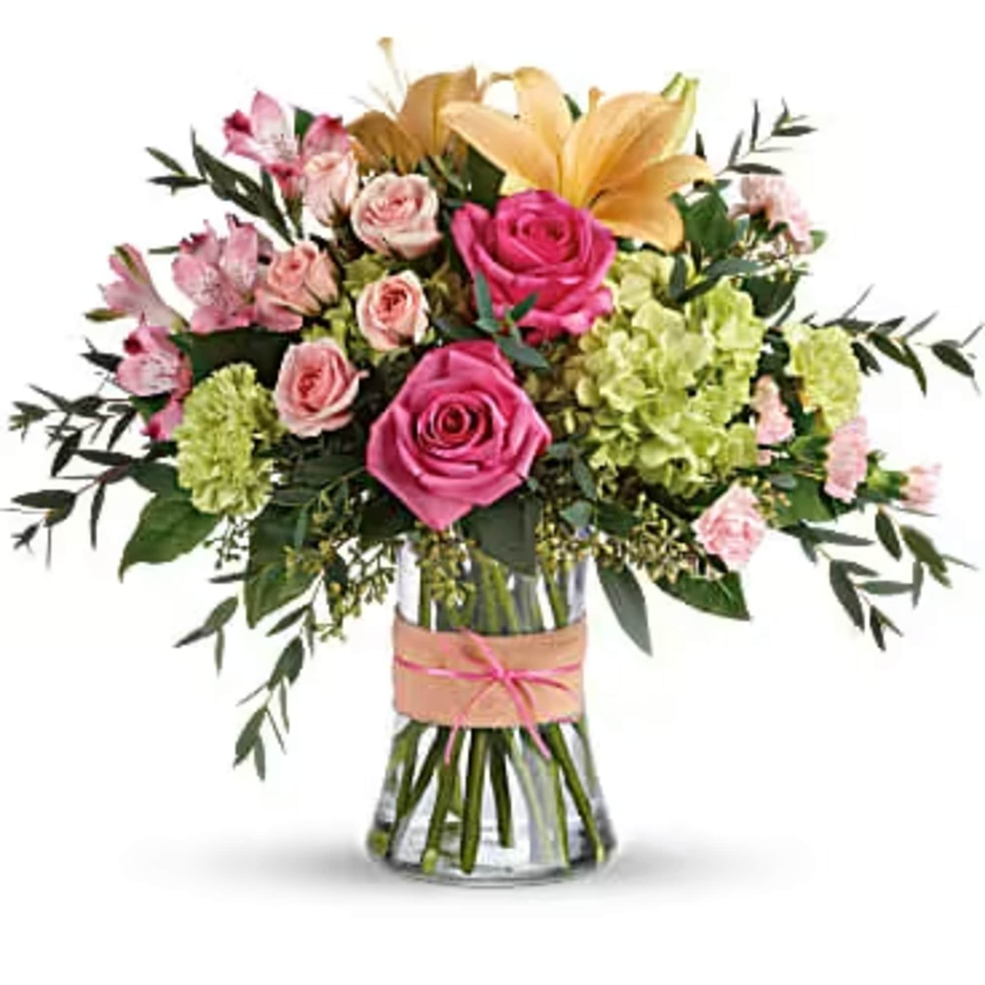 Go ahead, make them blush! This luxurious bouquet of roses, lilies and