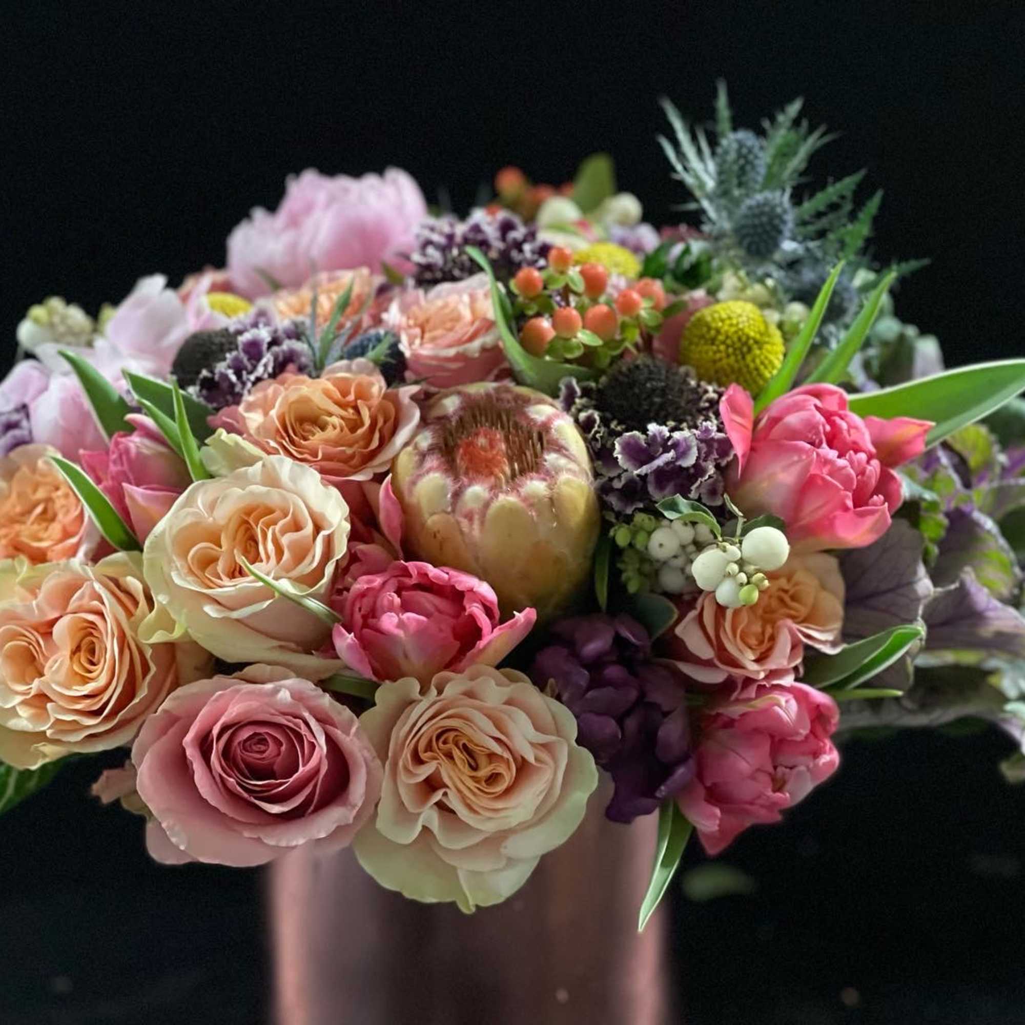 Garden style roses, scabiosa, ranunculus, proteas just to name a few. This