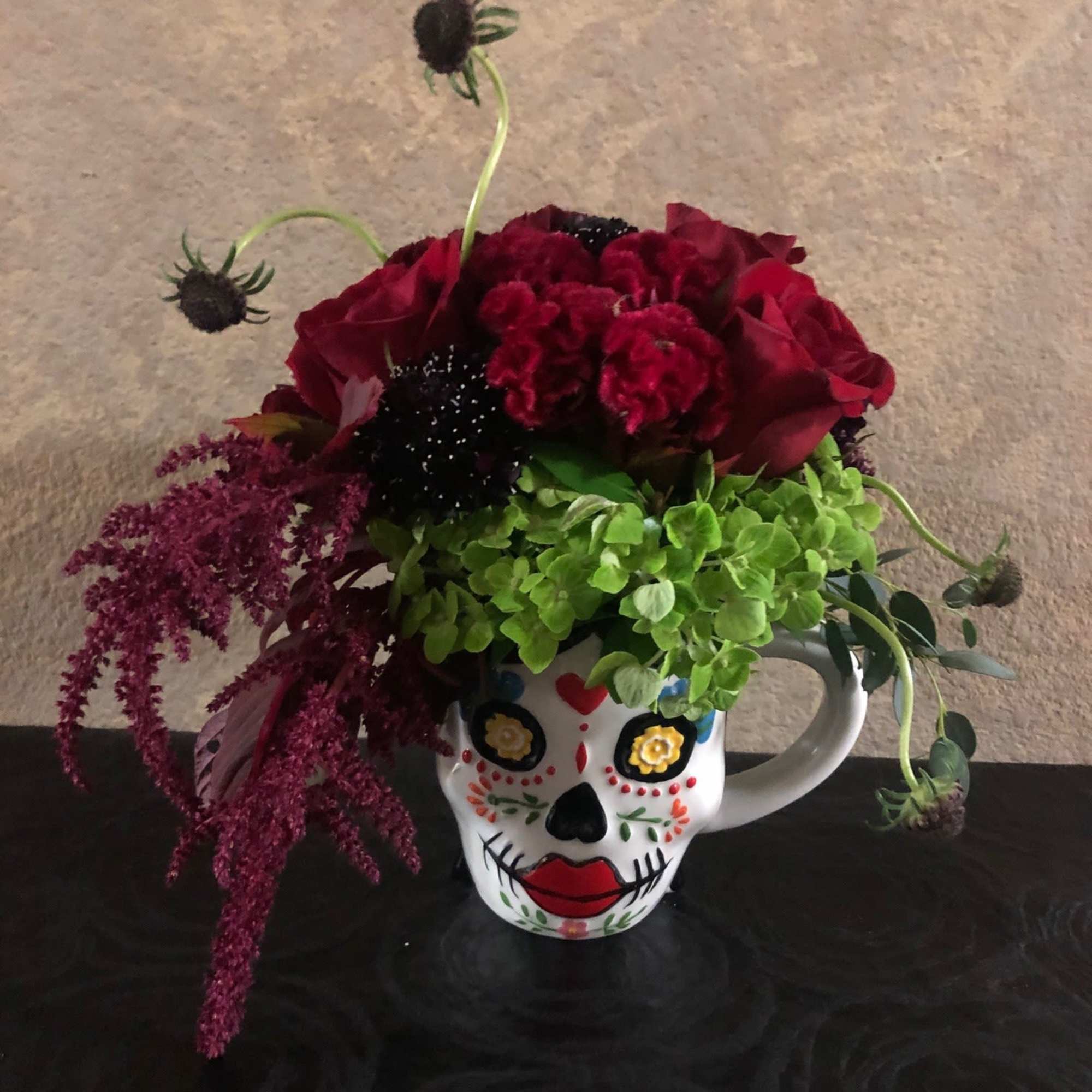 Type of Flowers: Red roses, Green Hydrangeas, Scabiosa, Amaranthus Caudatus, Celosia Cockscomb