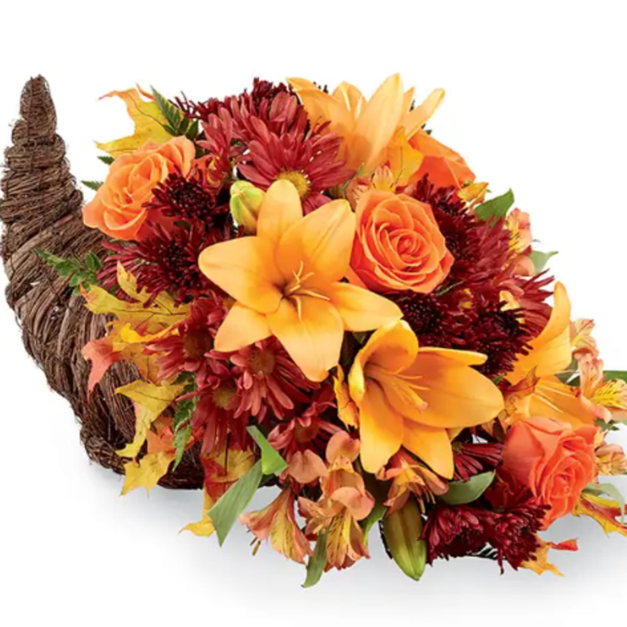 This bright cornucopia features brightly colored lilies, roses, and other beautiful seasonal