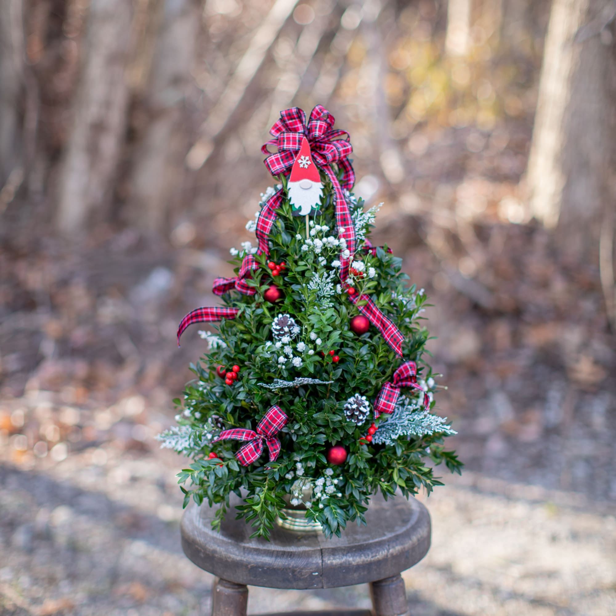 Get ready for Christmas with this beautiful boxwood tree arrangement! Festive handmade
