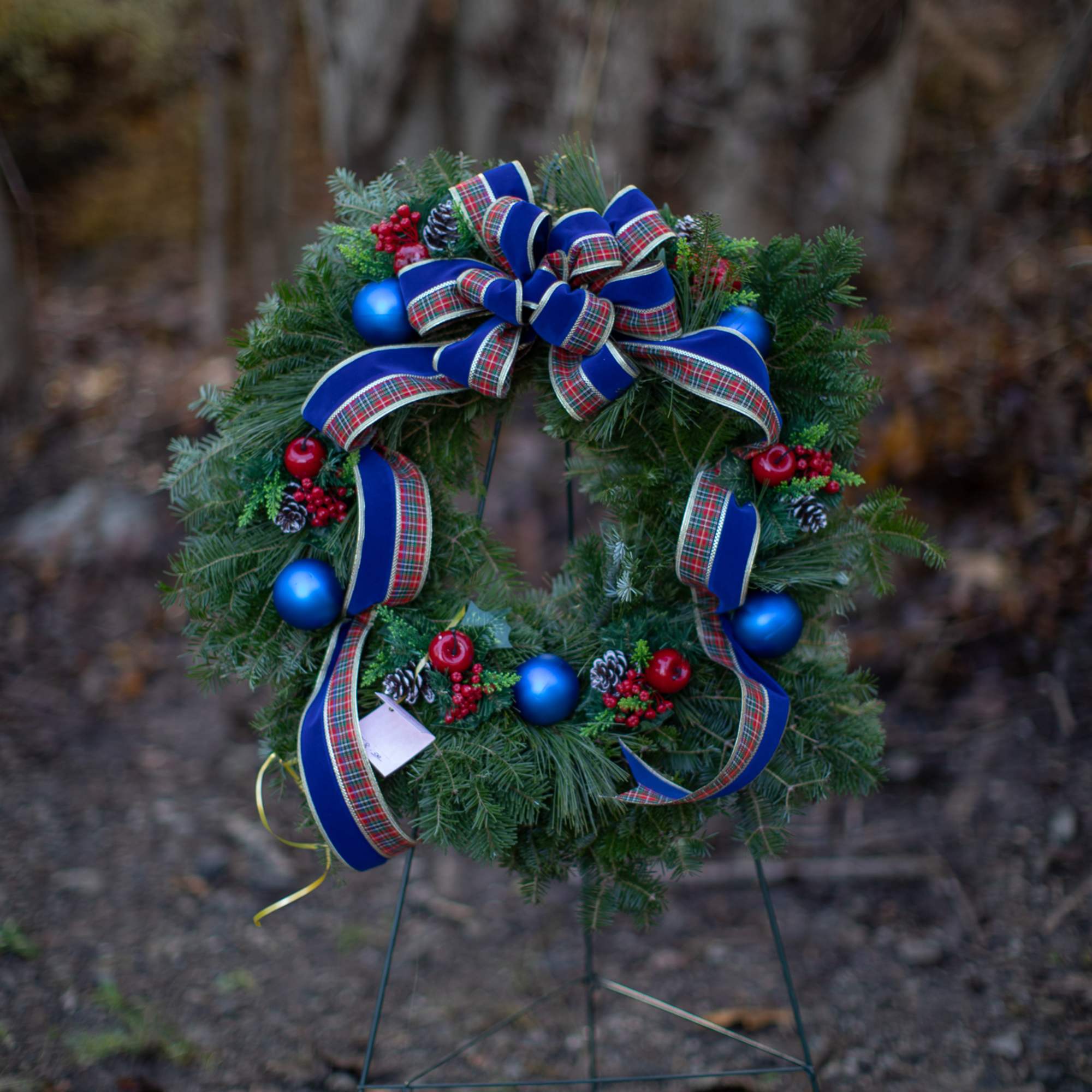 Fragrant fresh balsam wreath decorated with cones, ornaments, winter trimmings, bows, berries