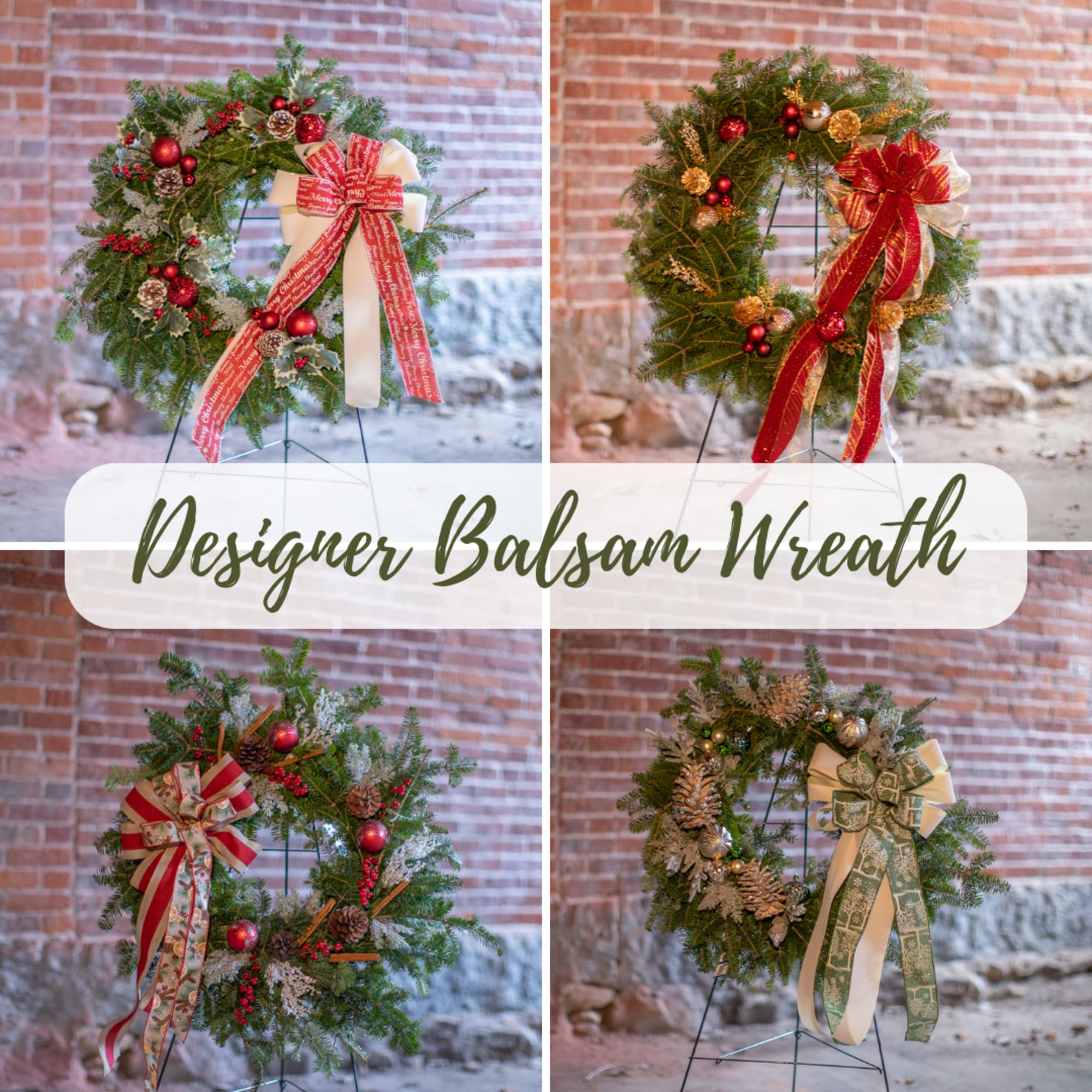 Fragrant fresh balsam wreath decorated with cones, ornaments, winter trimmings, bows, berries