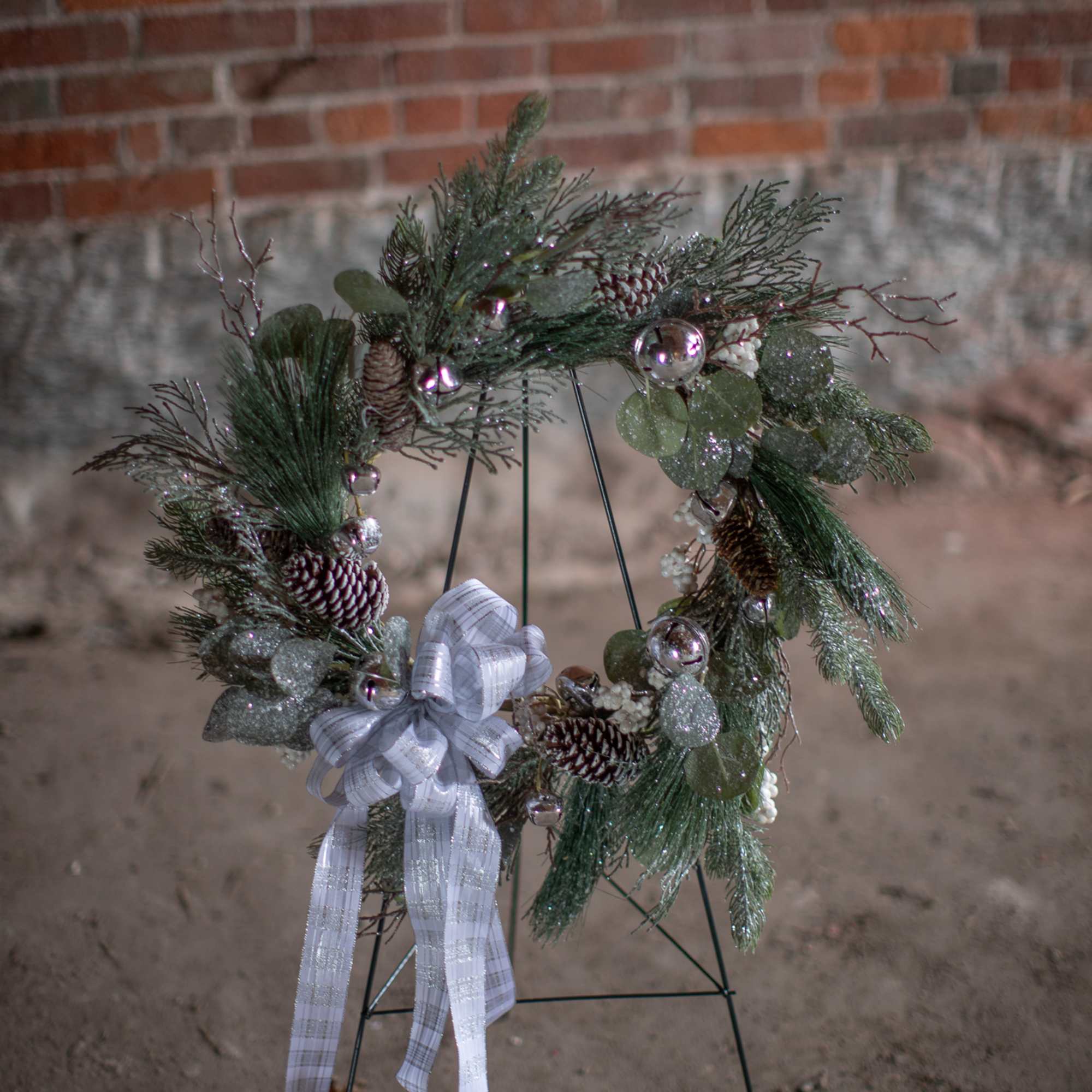 Twinkling glittery winter foliage of pines, silver dollar eucalyptus, and spruce varieties
