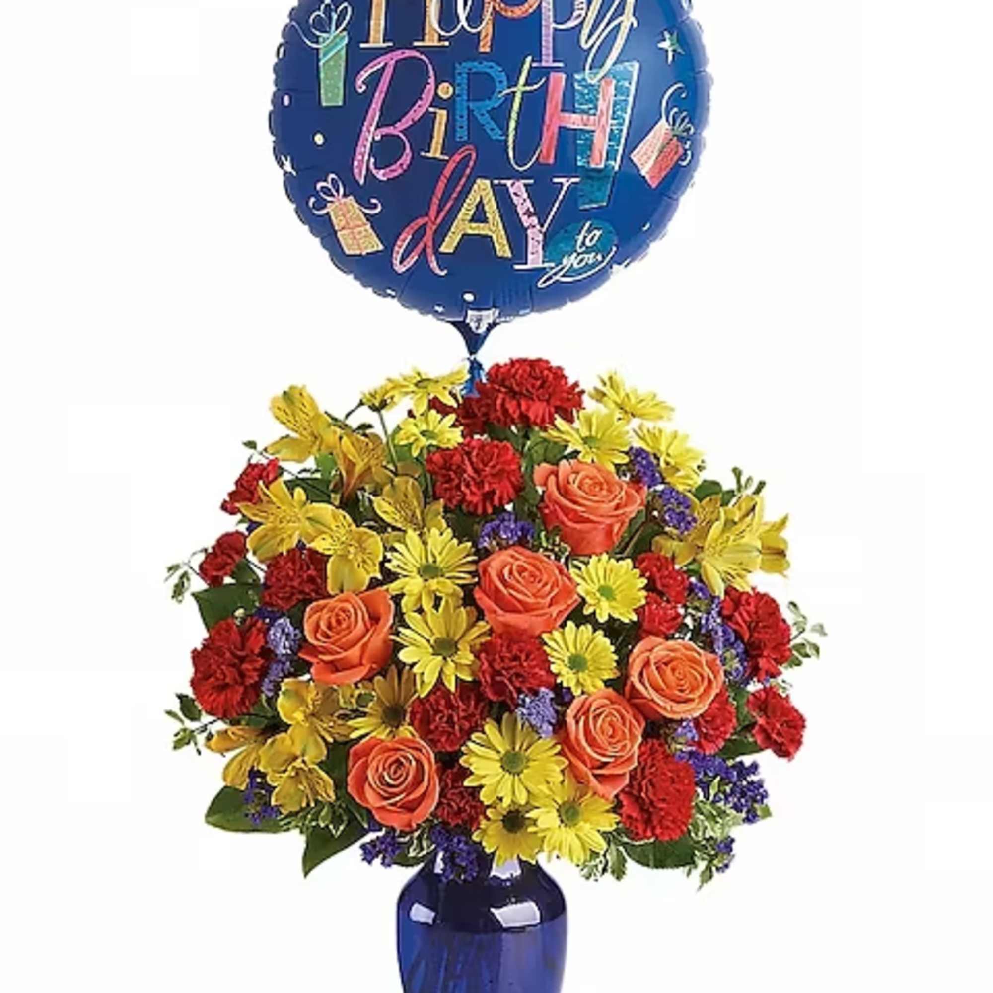 Brilliant orange roses, yellow alstroemeria, red carnations and miniature carnations, yellow daisy
