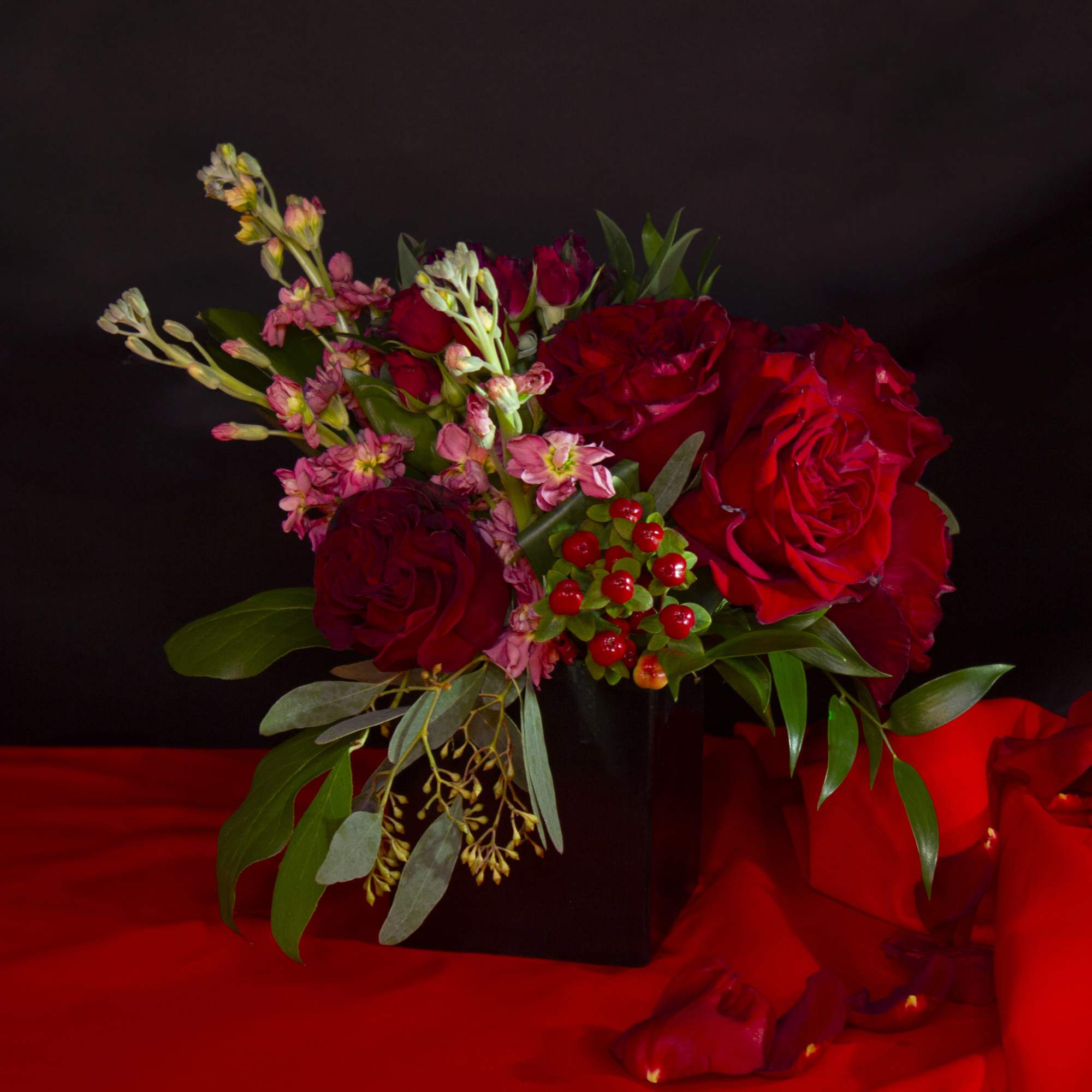 Fluffy red Heart roses, sweetheart scarlet spray roses, bright red hypericum berries