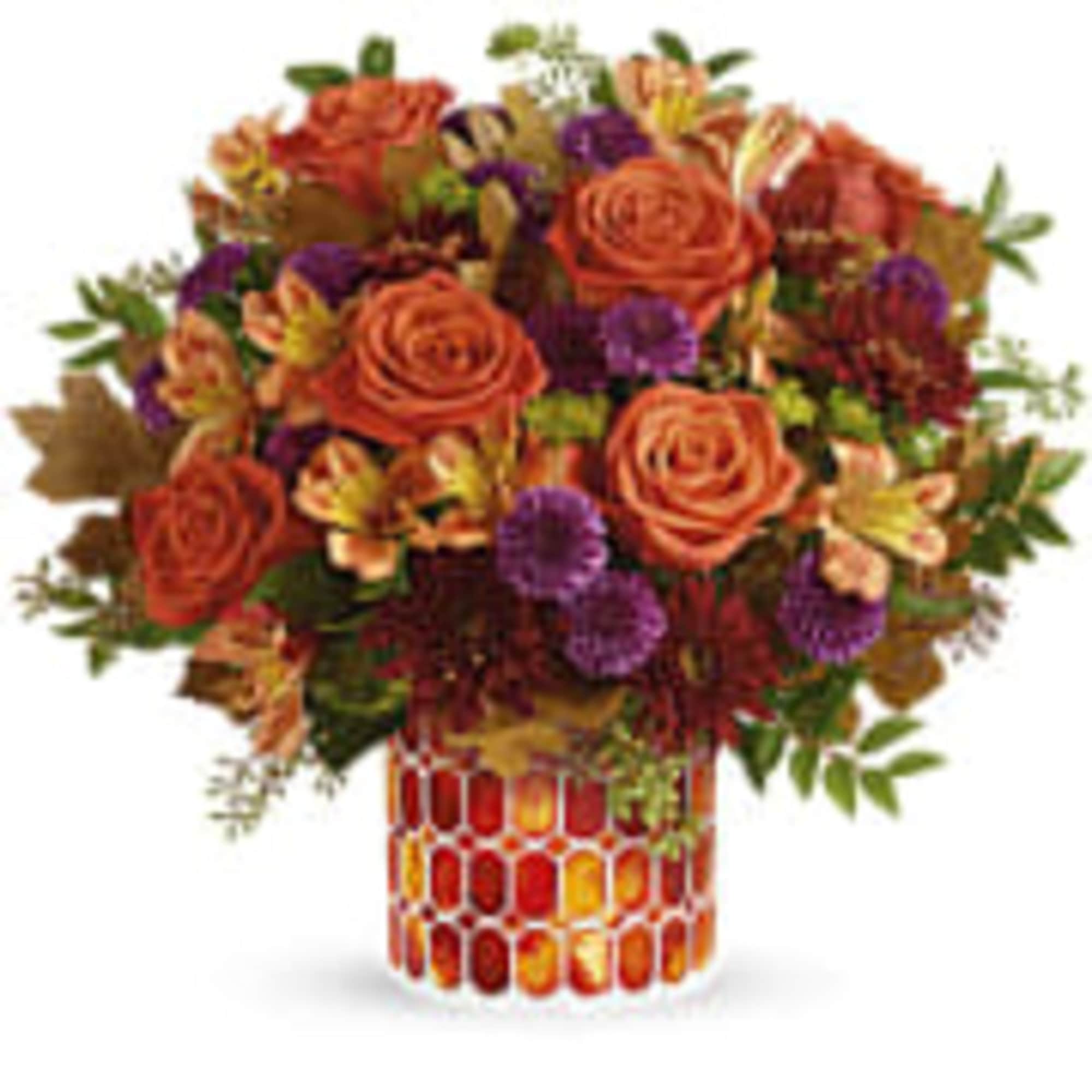 This radiant arrangement includes orange roses, light orange alstroemeria, purple button spray