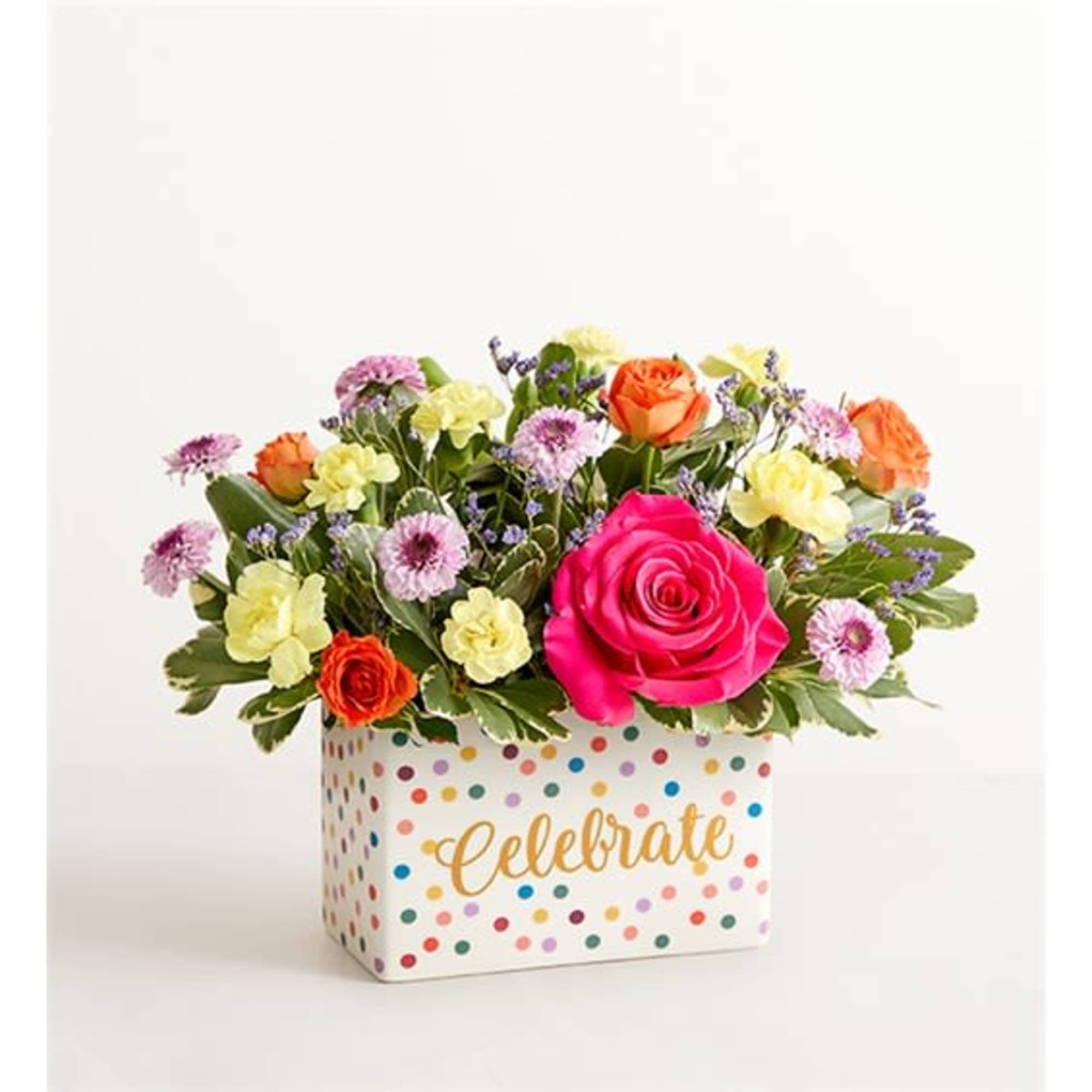 In a special container.
Hot pink rose, orange spray rose, purple buttons, and