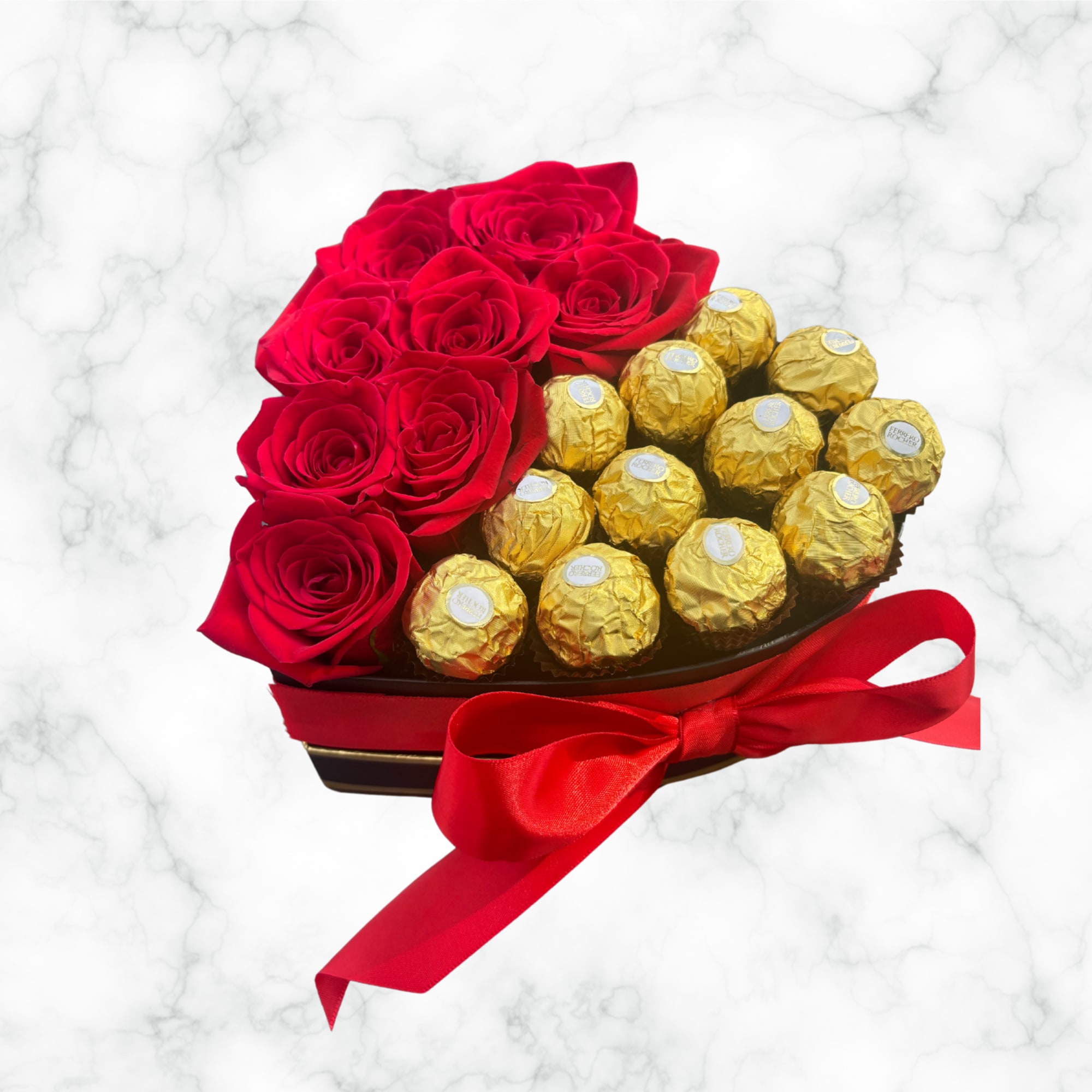 A special heart box to show your love &amp; appreciation

Item Details:

6-8 Roses
Ferrero