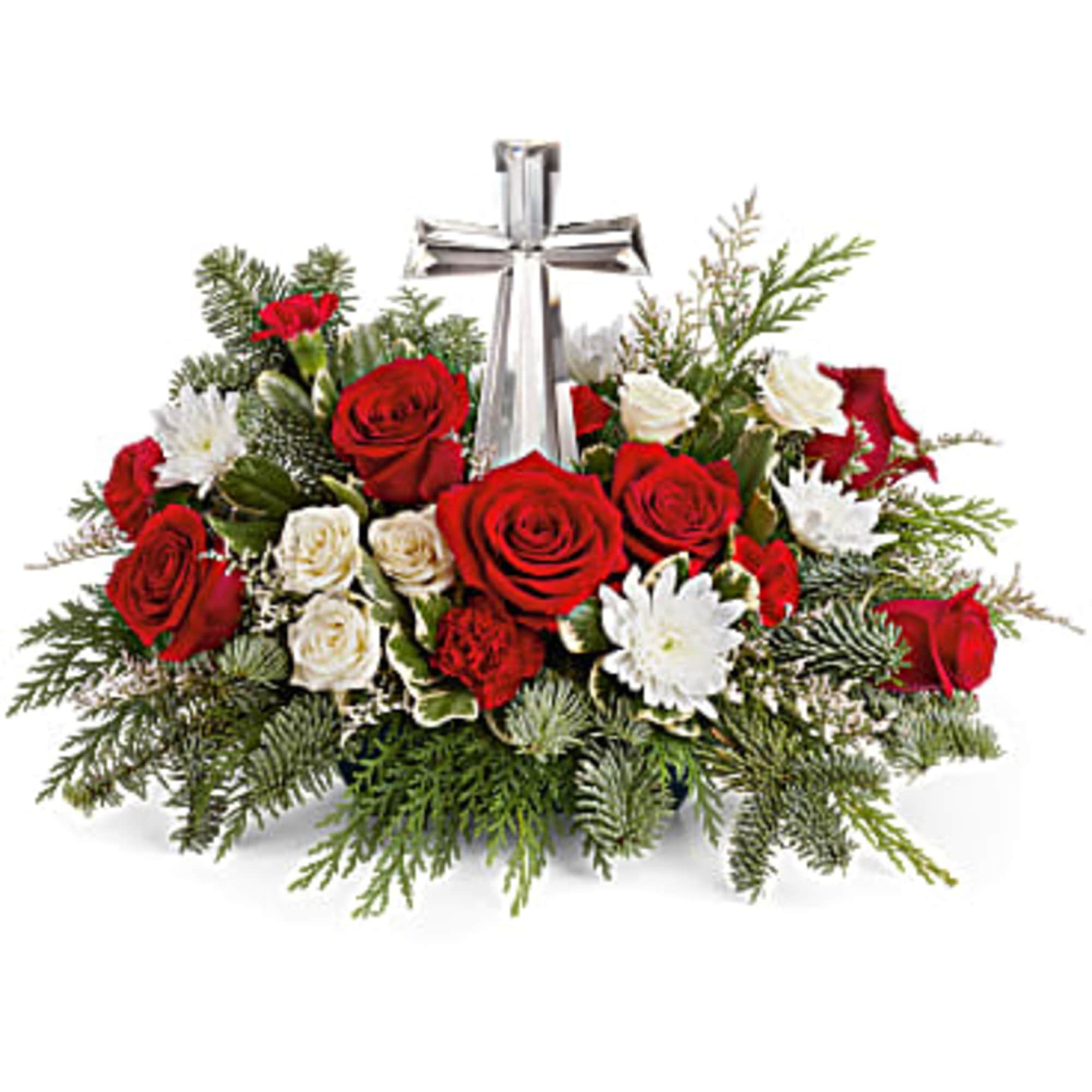  The crystal cross is nestled elegantly among red and white blooms