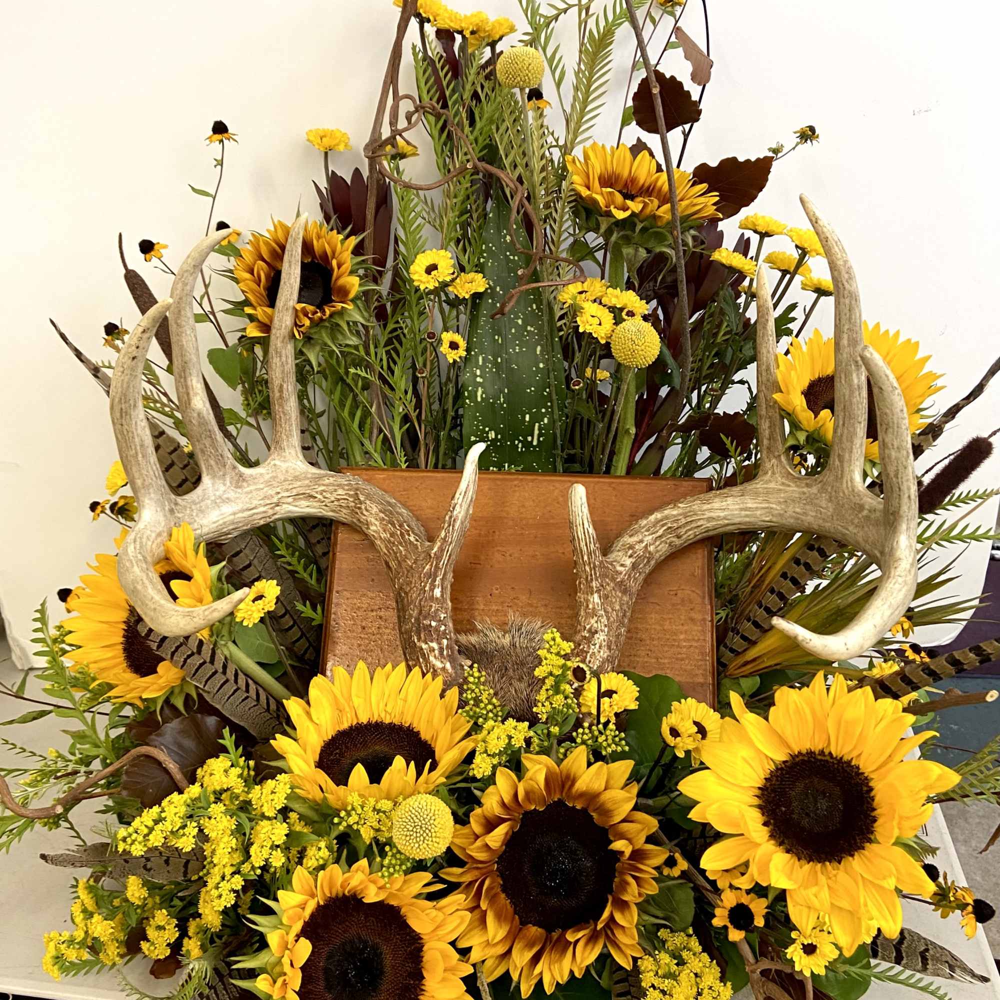Sunflowers, natural grevellia, vyking mums, cattails and craspedia with pheasant feathers and