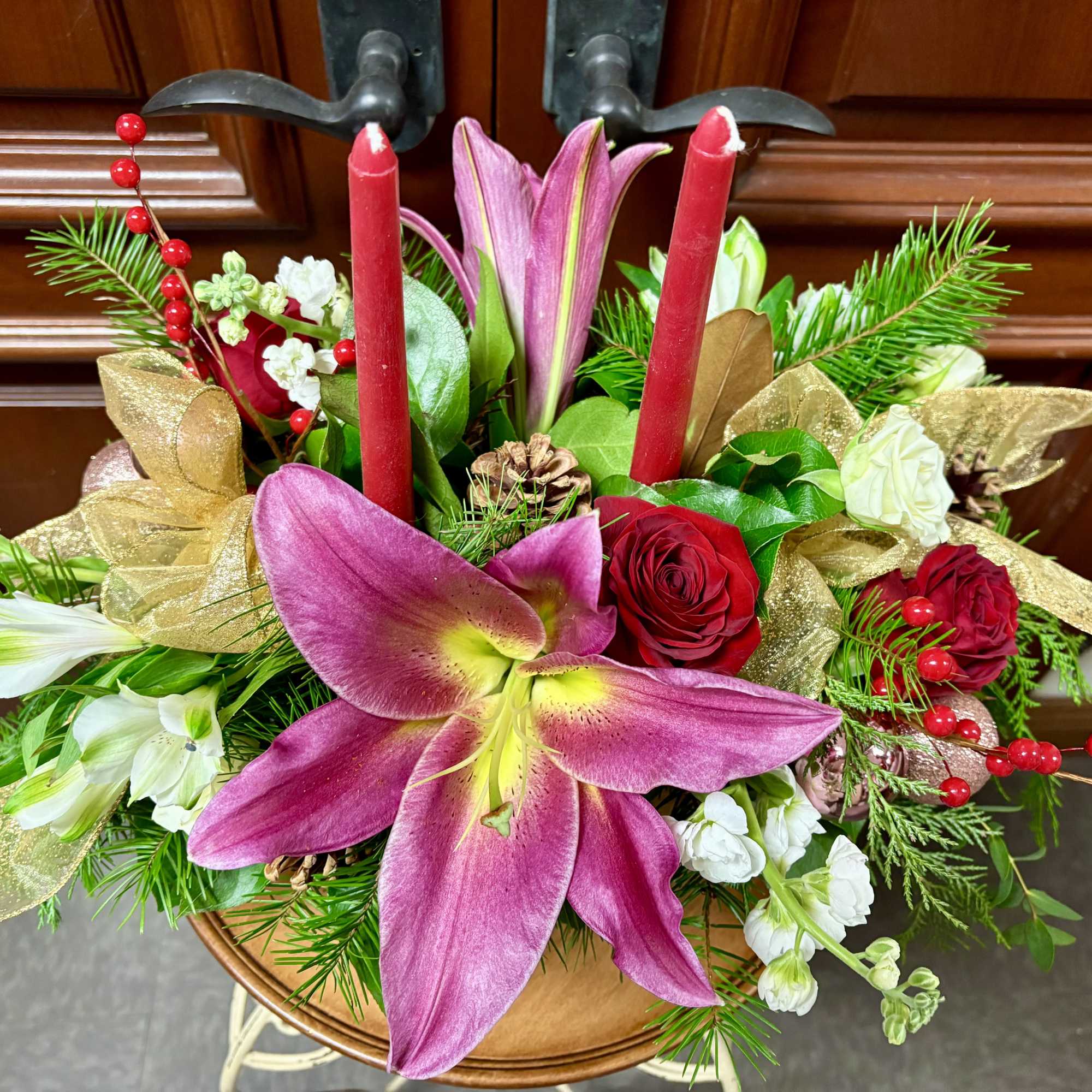 Recipe: Red Roses, Alstromerias, Stock, and Mauve Lilies, Pine Cones, Pine greens