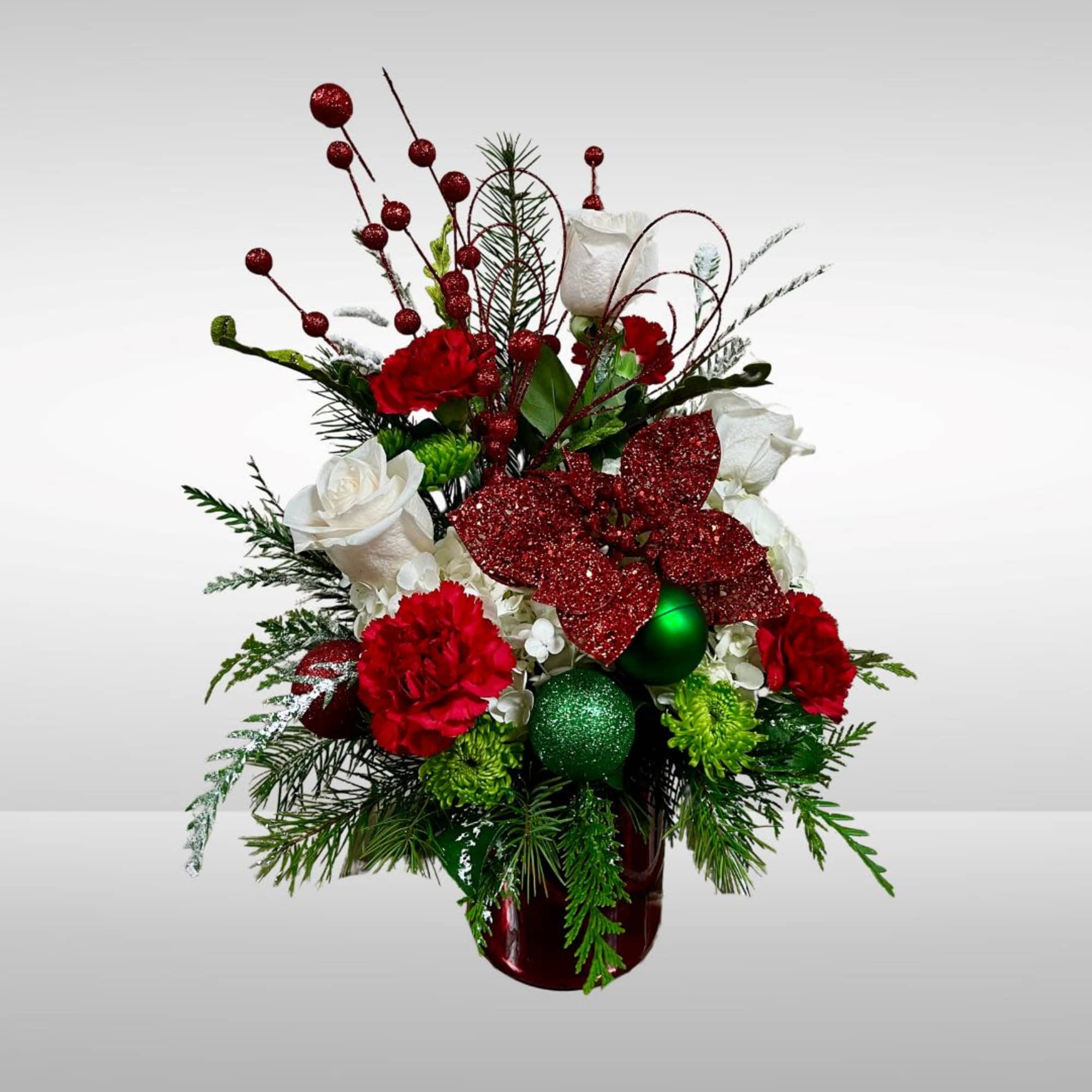 Recipe: White Roses, Red Carnations, White Hydrangaes, Green Button Mums, Snowy greens