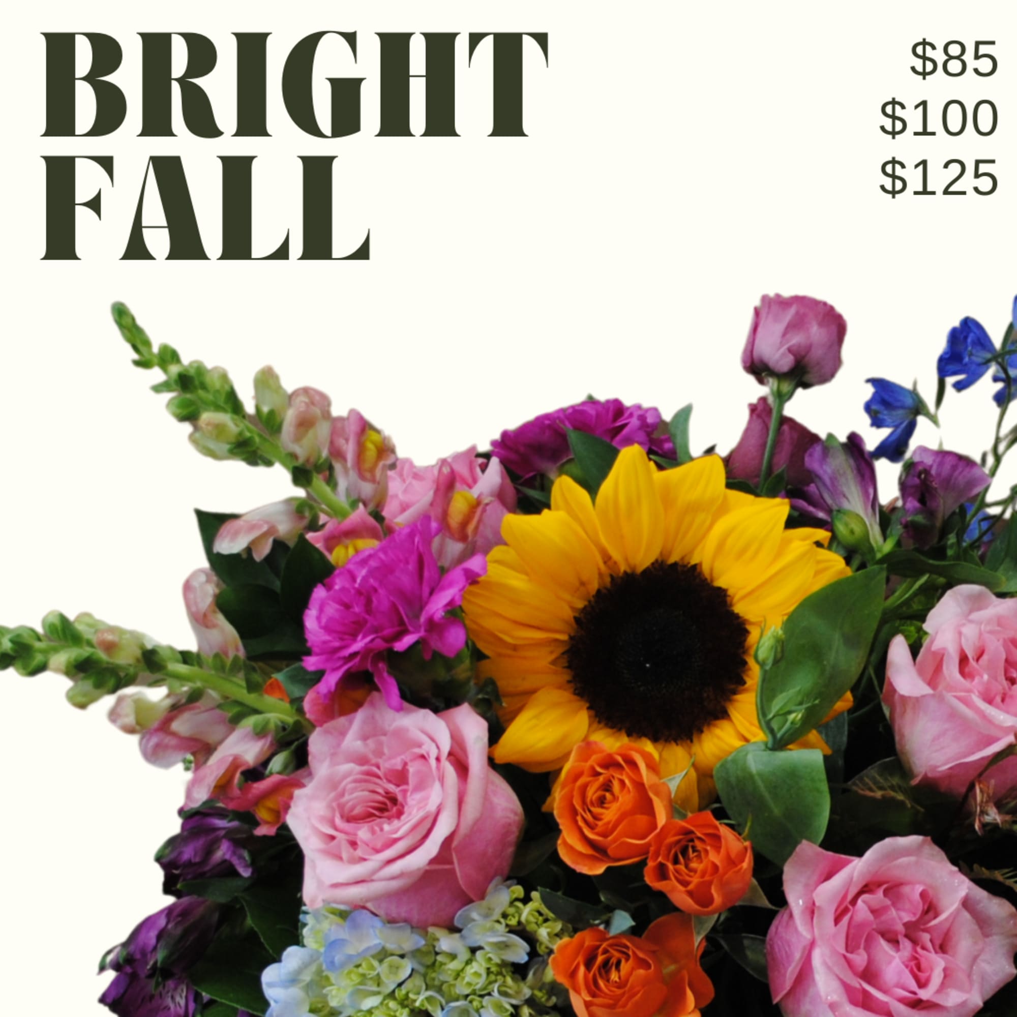 Bright Fall is a low and lush bouquet artfully designed in a